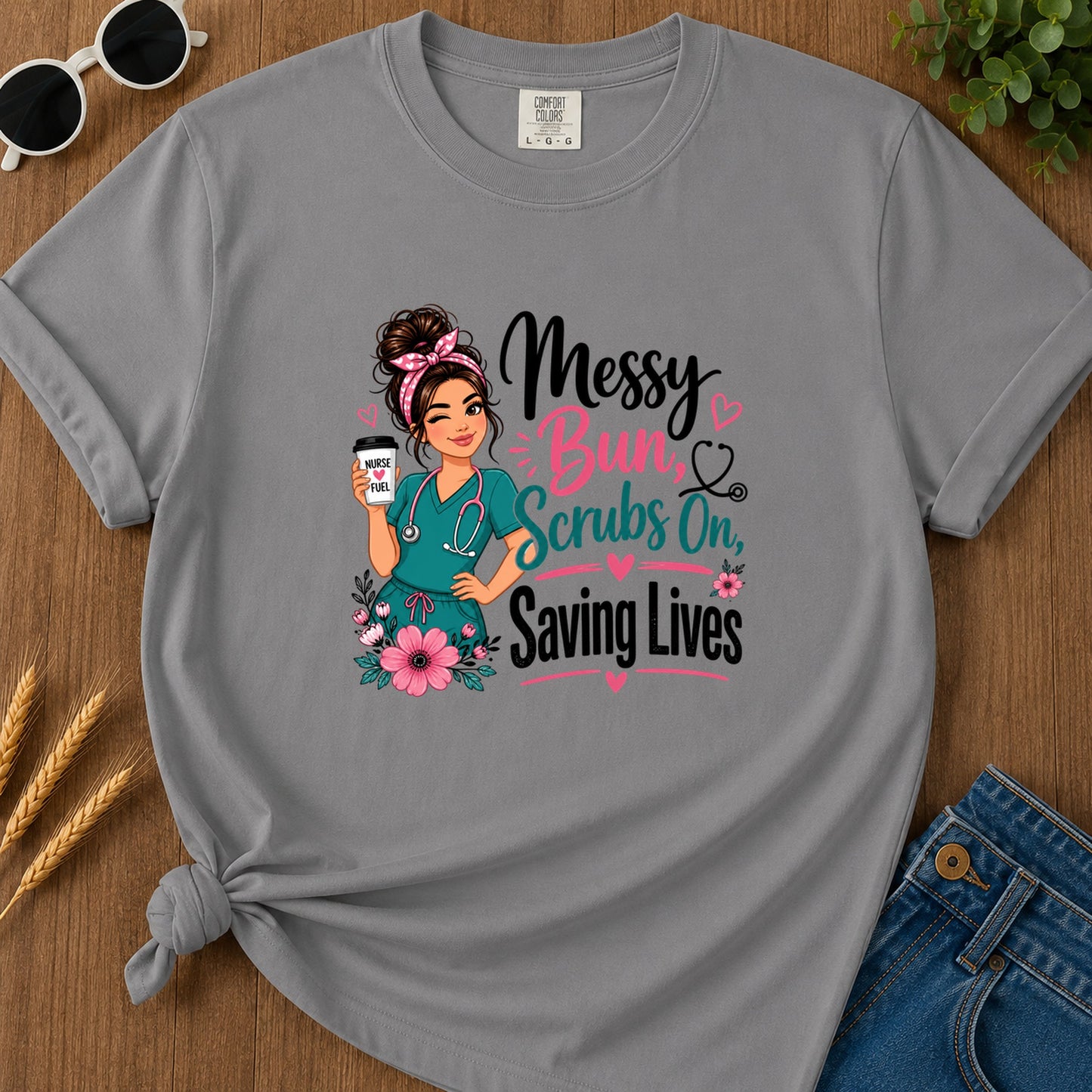 Messy Bun Scrubs On (2) T-Shirt - Grey