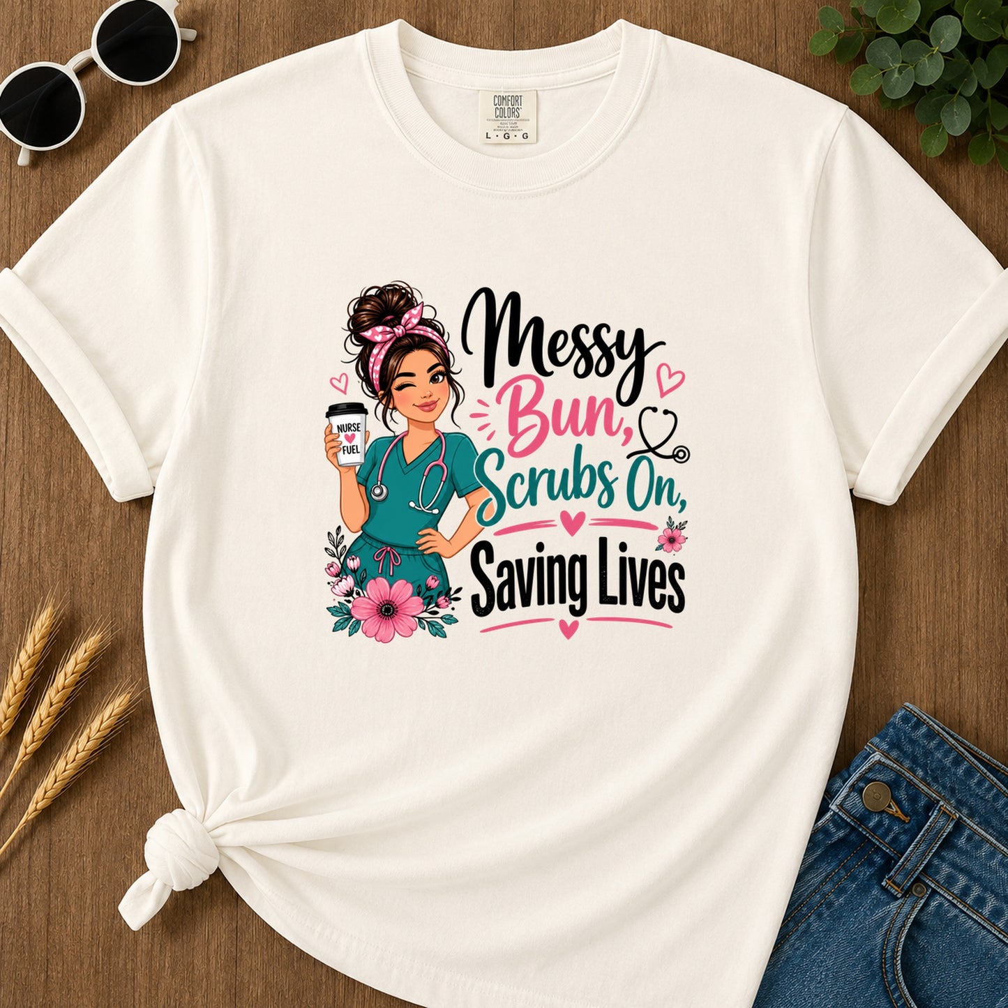 Messy Bun Scrubs On (2) T-Shirt - Ivory