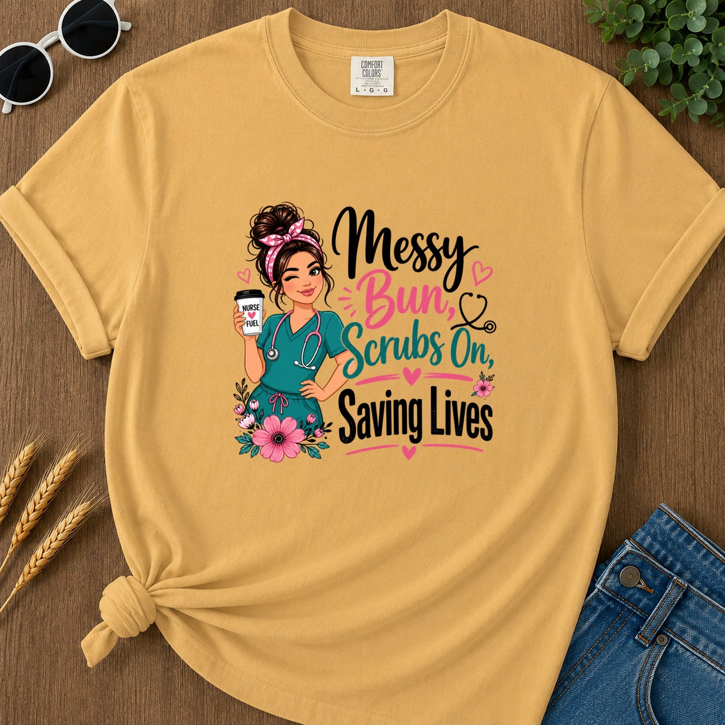 Messy Bun Scrubs On (2) T-Shirt - Mustard