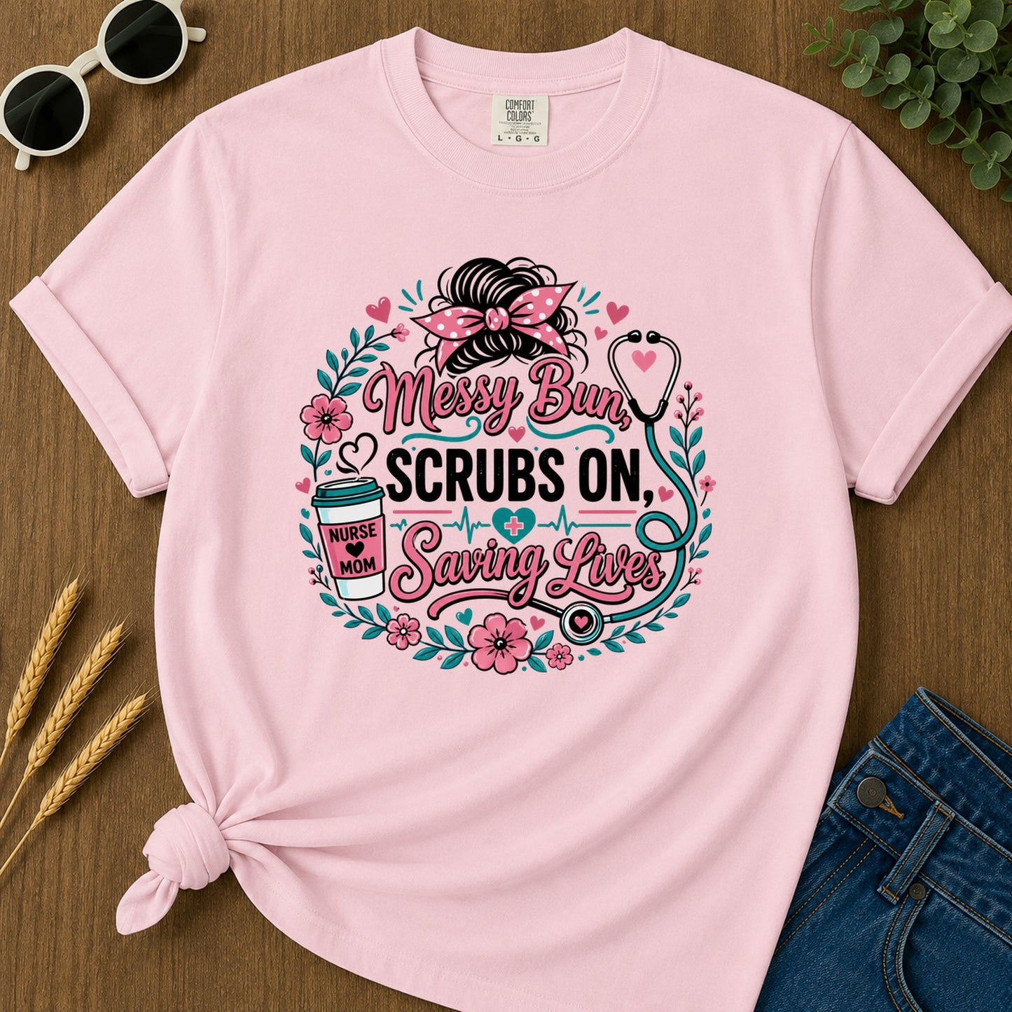 Messy Bun Scrubs On T-Shirt - Blossom