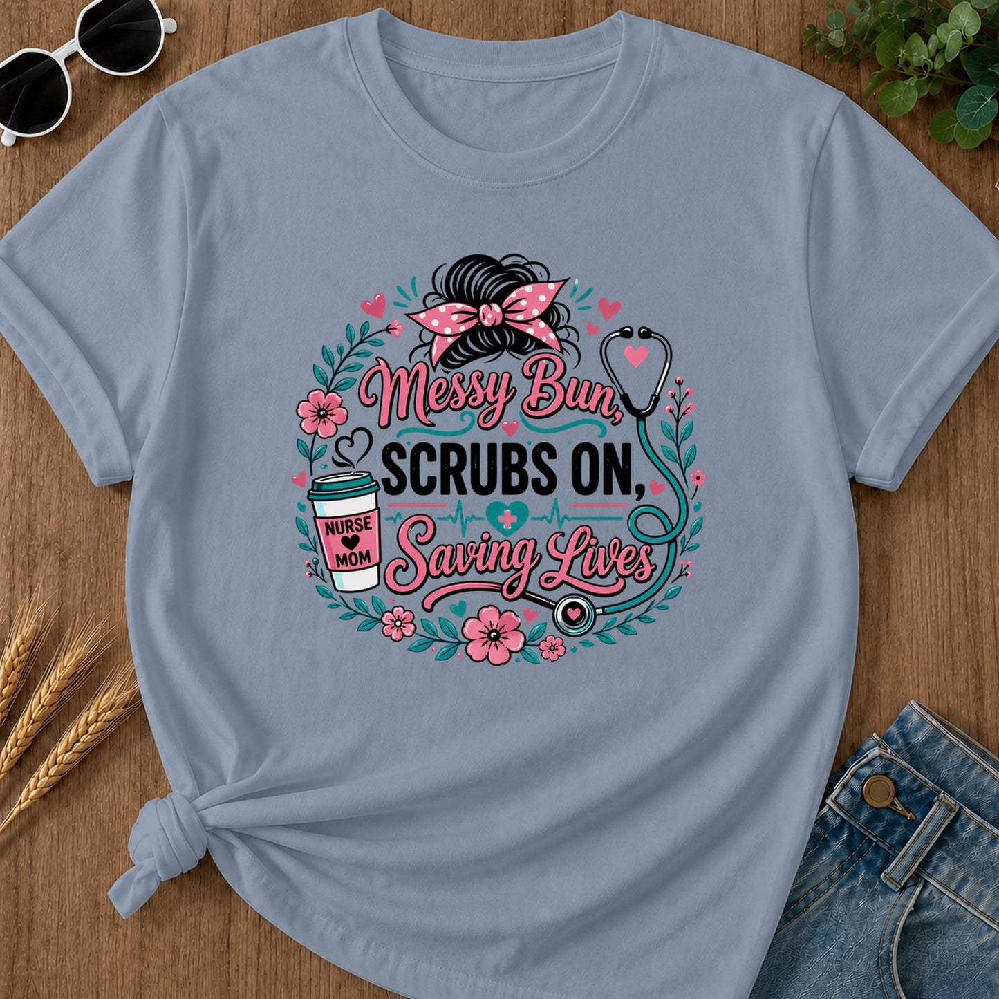 Messy Bun Scrubs On T-Shirt - Blue Jean