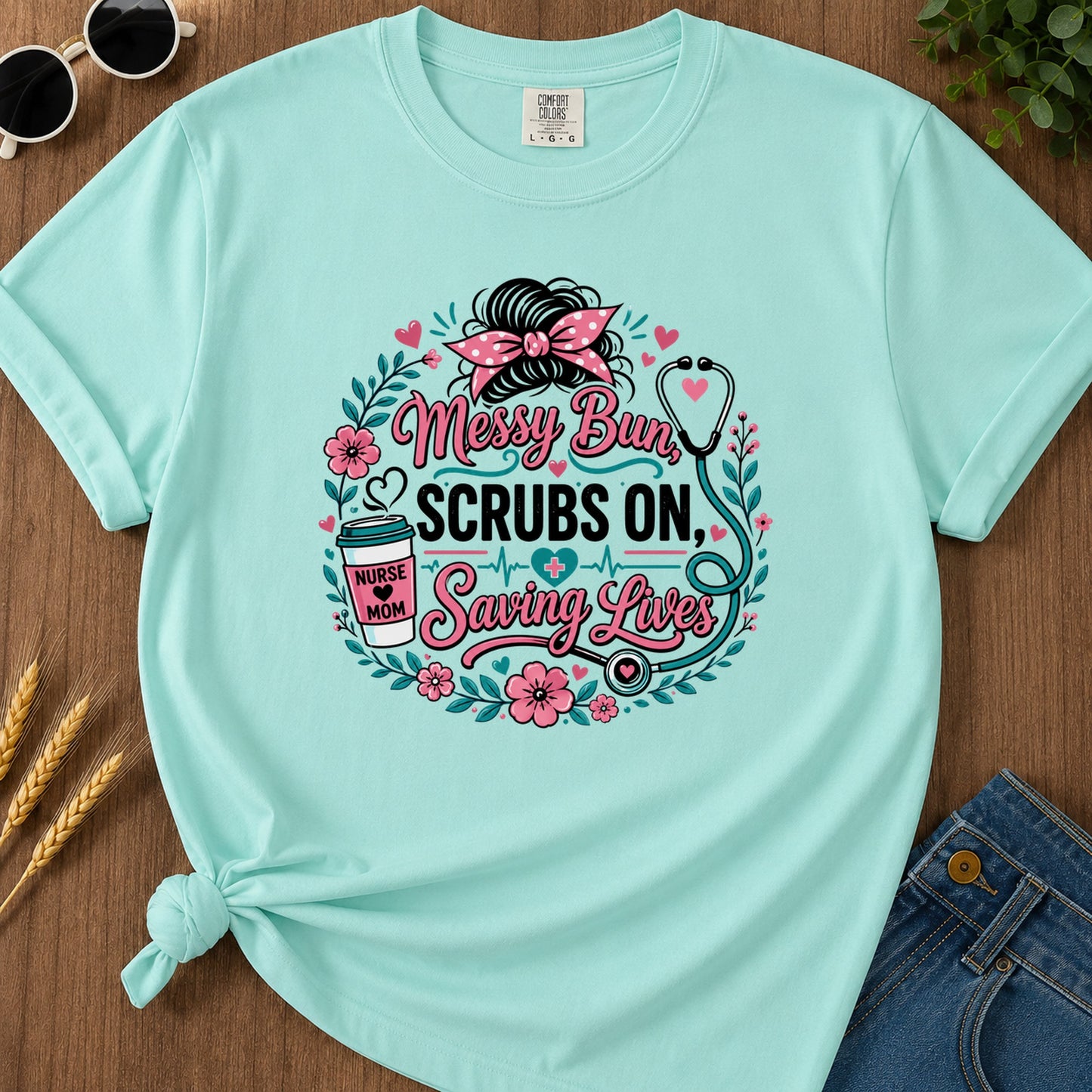 Messy Bun Scrubs On T-Shirt - Chalky Mint