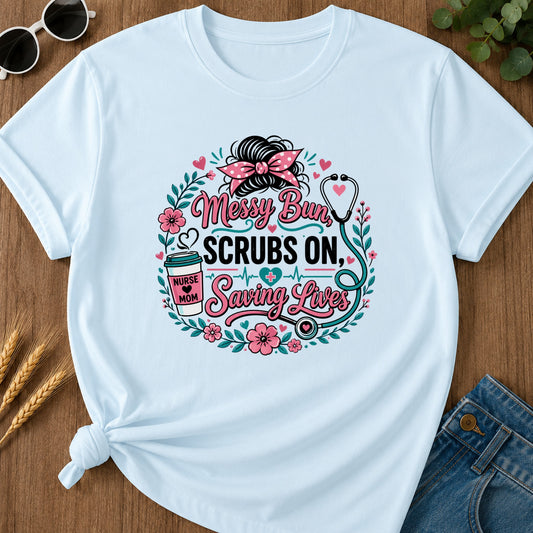 Messy Bun Scrubs On T-Shirt - Chambray