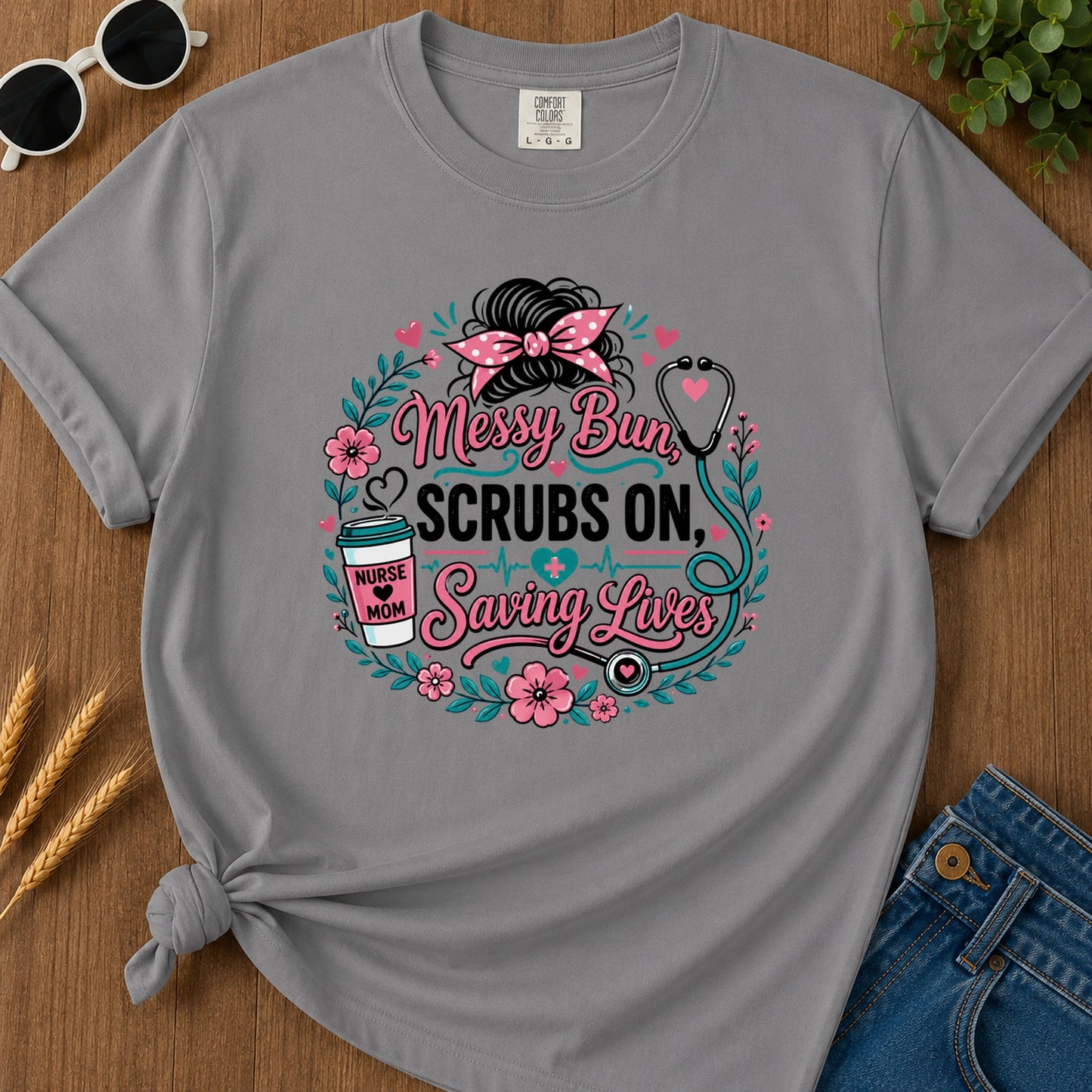 Messy Bun Scrubs On T-Shirt - Grey