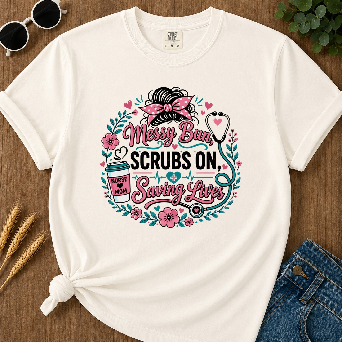 Messy Bun Scrubs On T-Shirt - Ivory