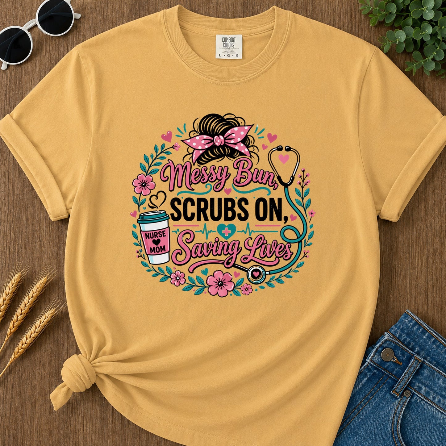 Messy Bun Scrubs On T-Shirt - Mustard