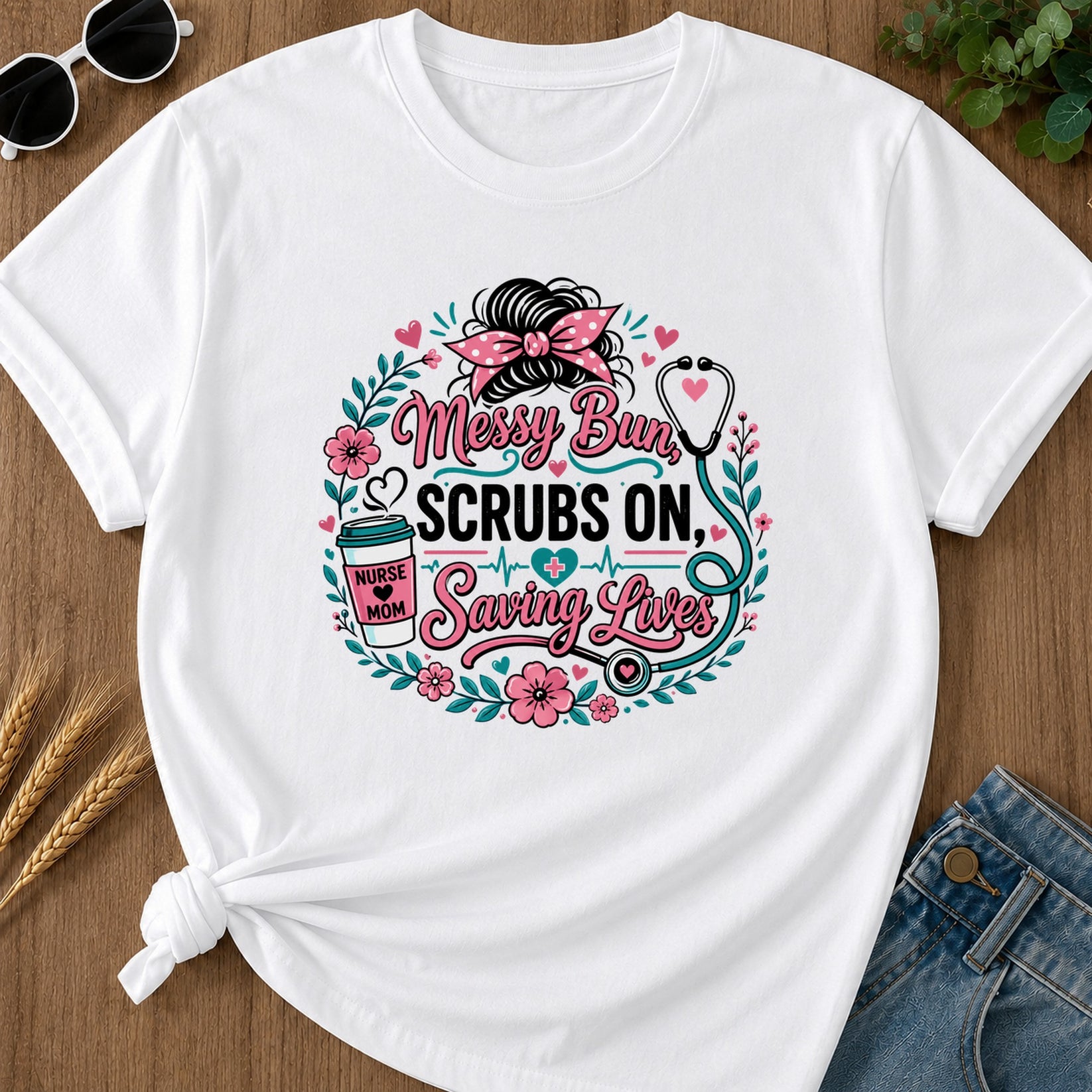Messy Bun Scrubs On T-Shirt - White