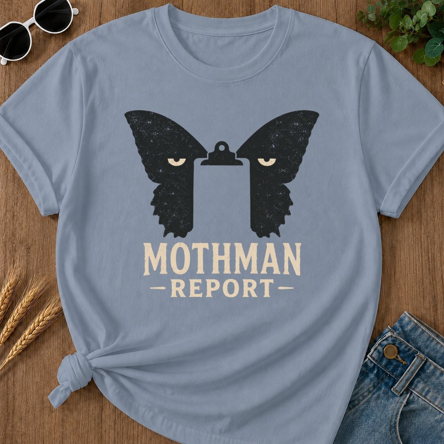 Mothman Report T-shirt - Blue Jean Mockup