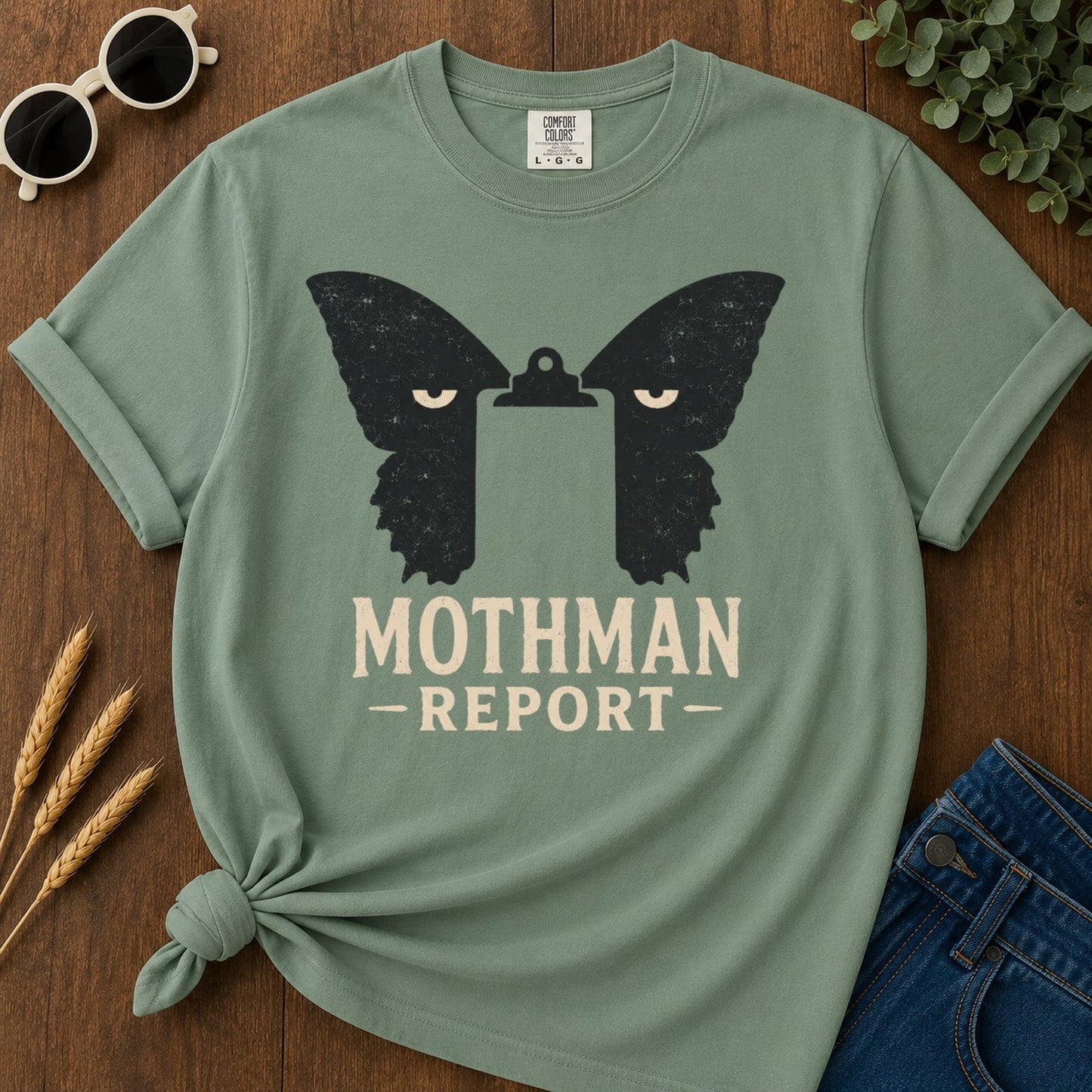 Mothman Report T-shirt - Light Green Mockup