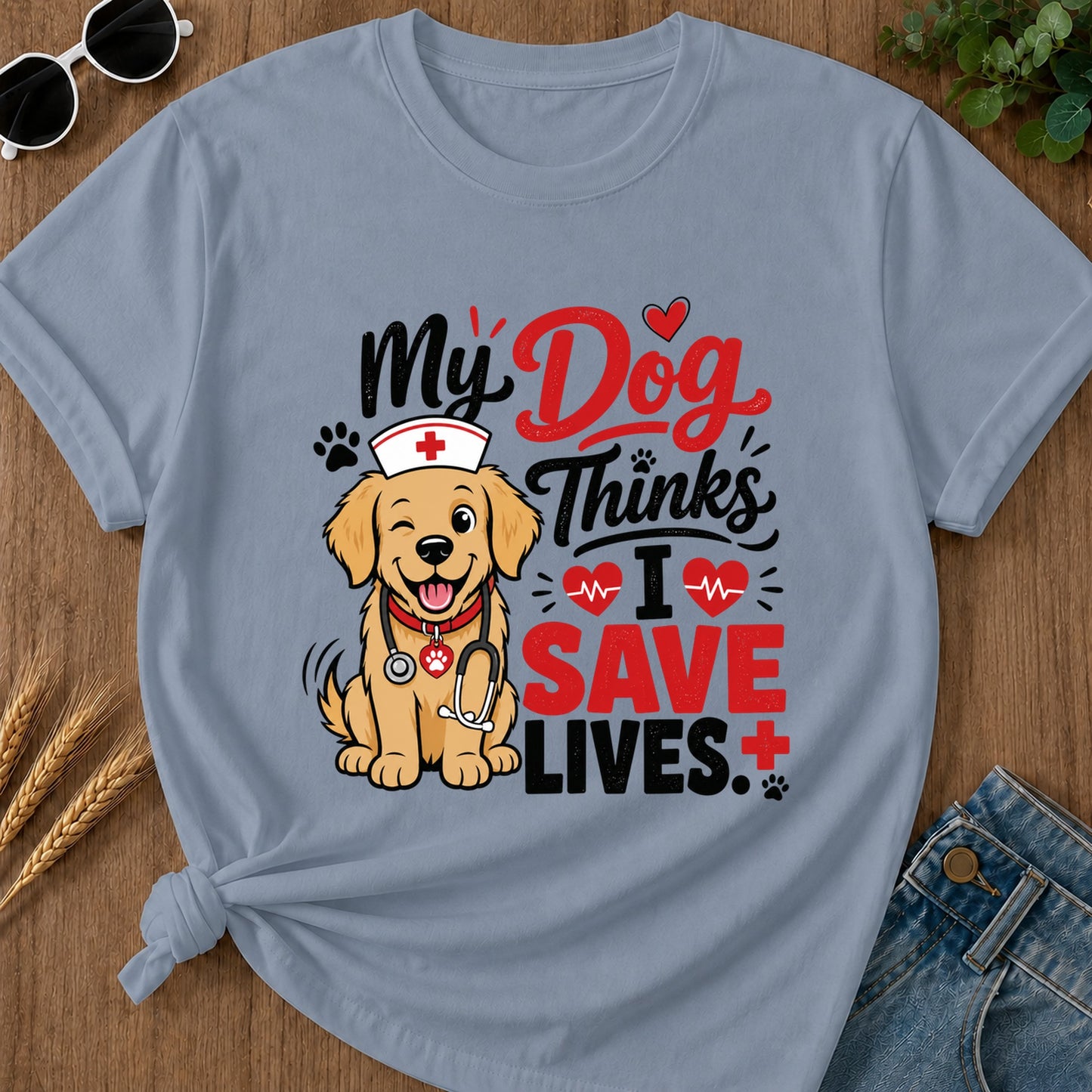 My Dog Thinks I Save Lives T-Shirt - Blue Jean