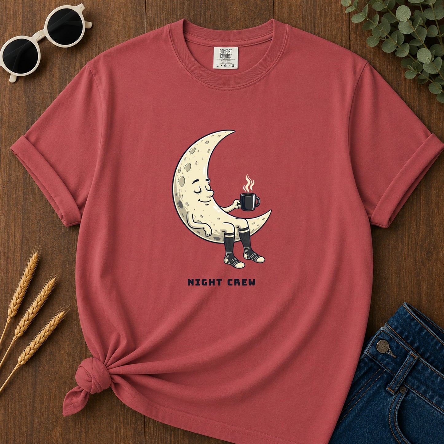 Night Crew Coffee Moon T-Shirt - Crimson