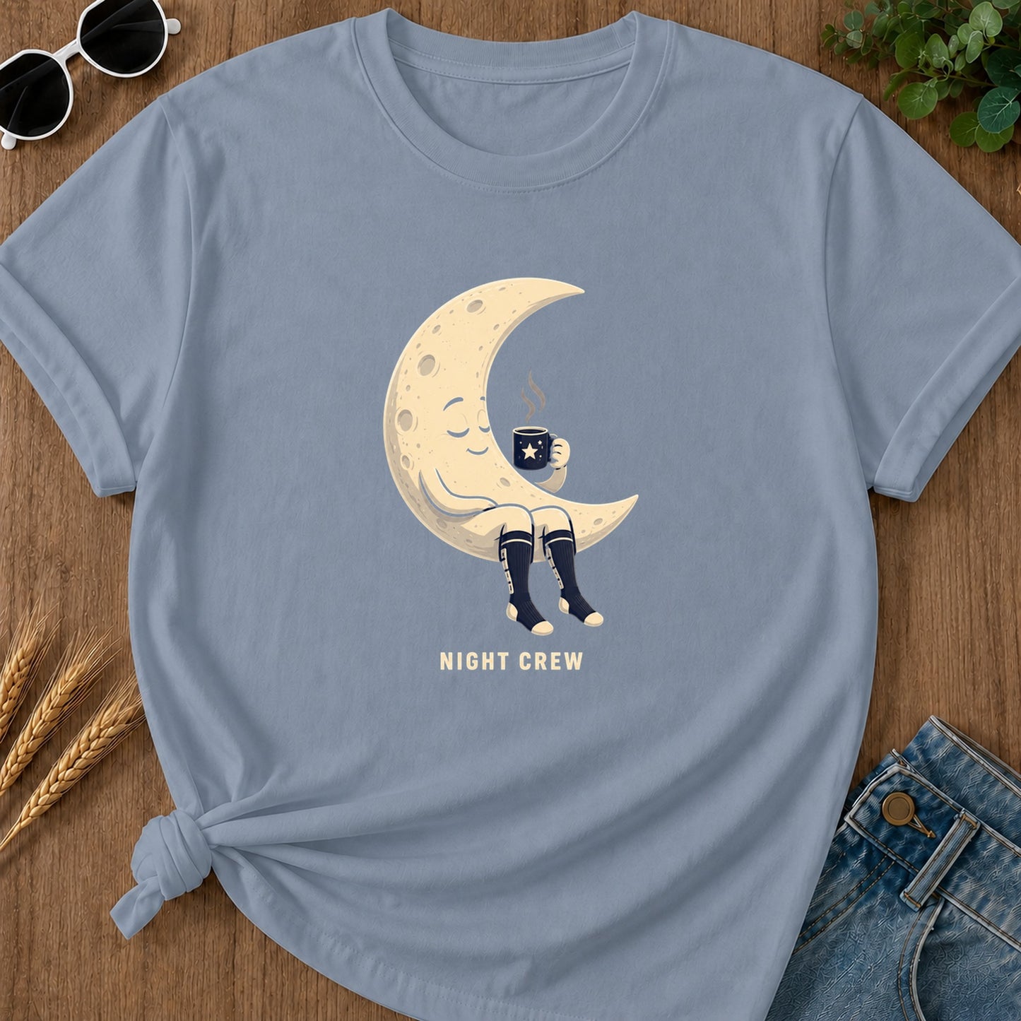 Night Crew Moon Coffee T-Shirt - Blue Jean