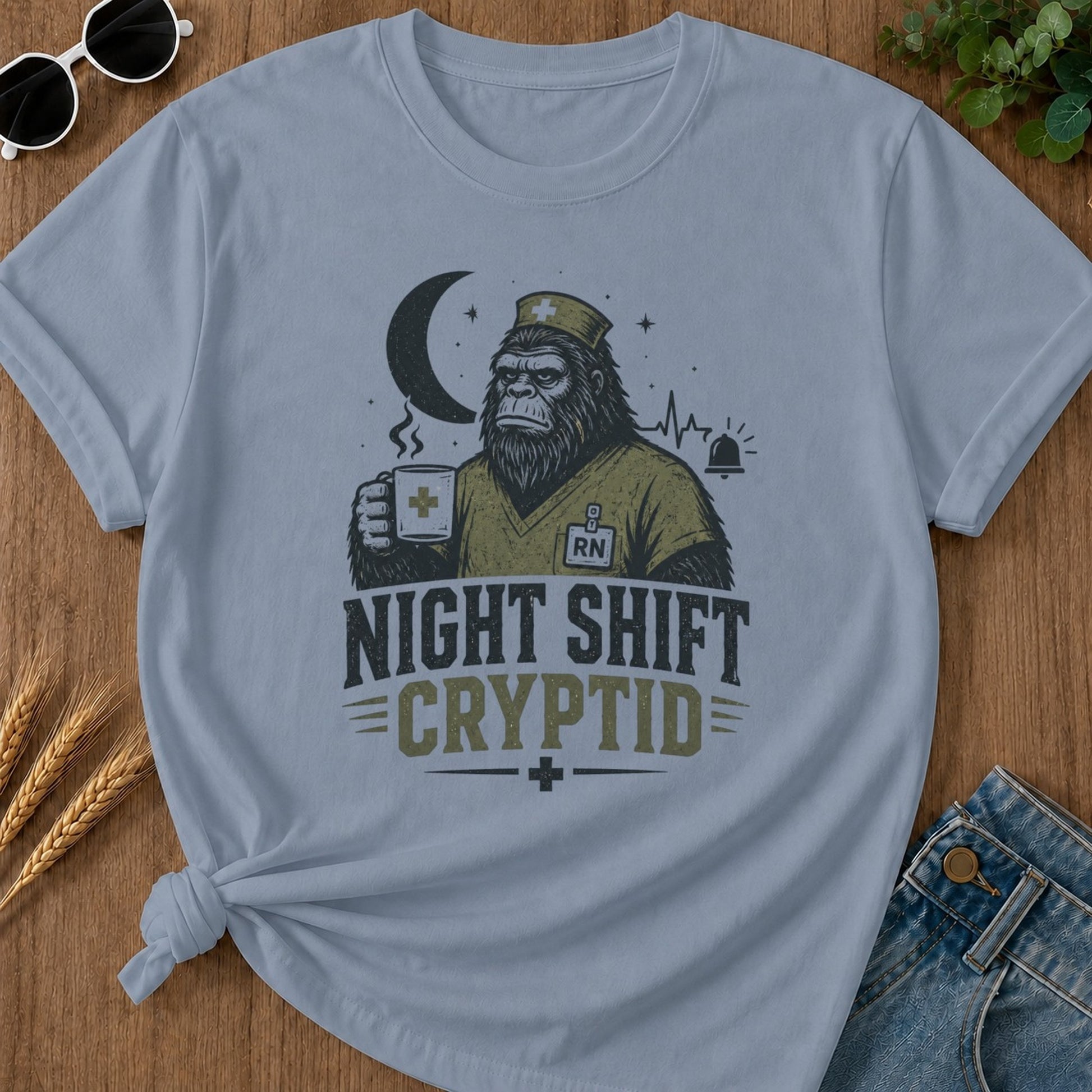 Night Shift Cryptid T-shirt - Blue Jean Mockup