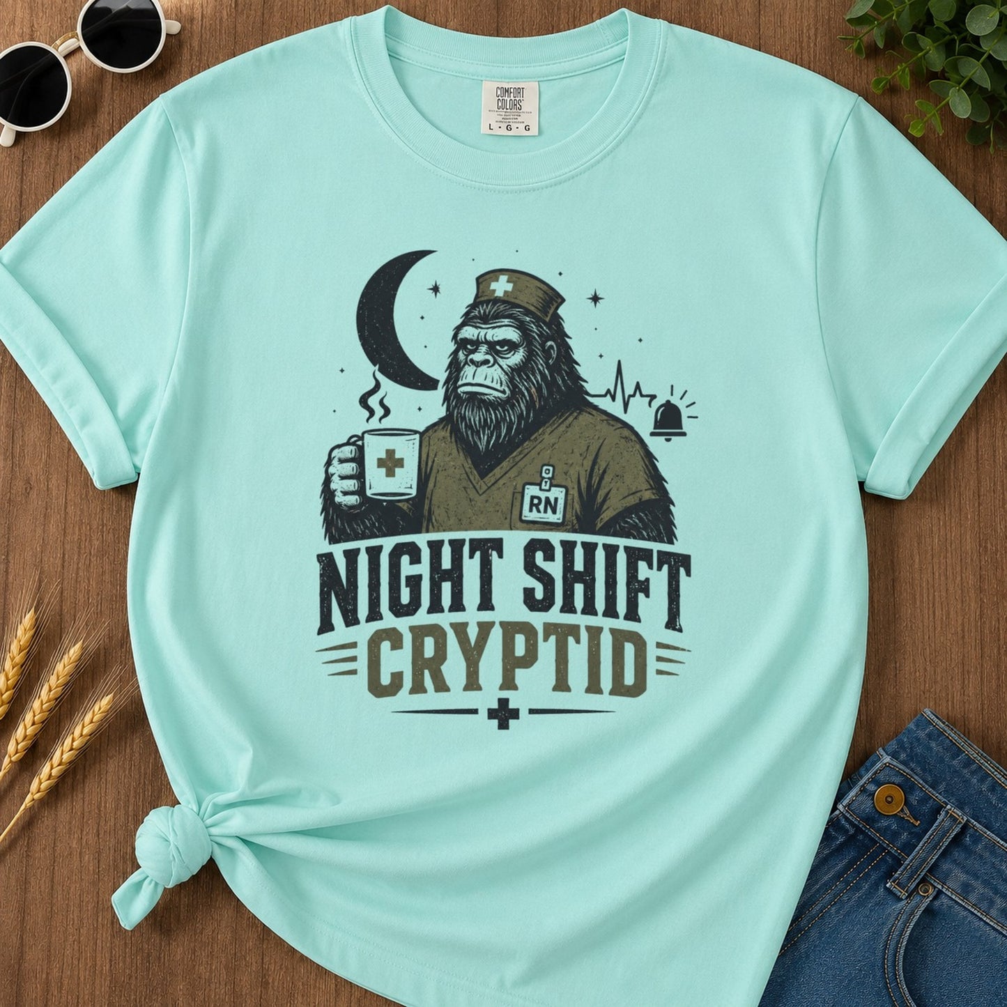 Night Shift Cryptid T-shirt - Chalky Mint Mockup