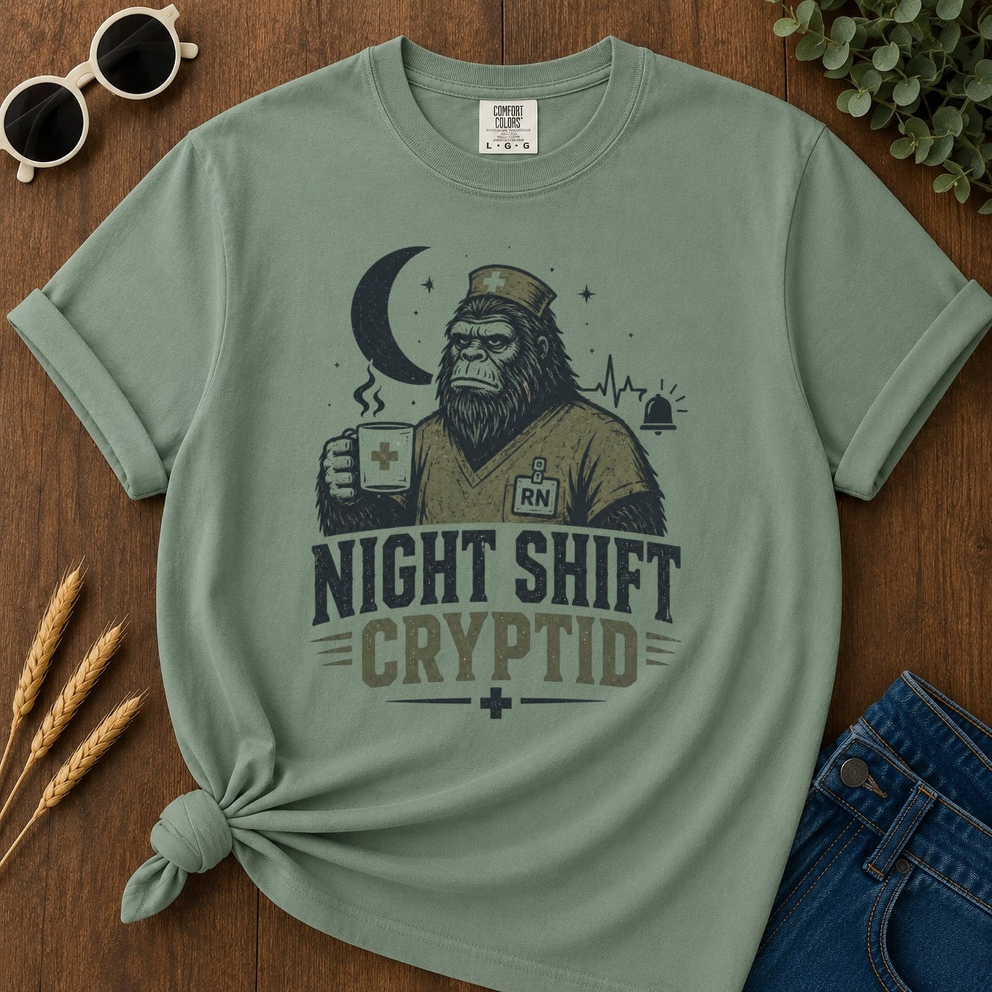 Night Shift Cryptid T-shirt - Light Green Mockup