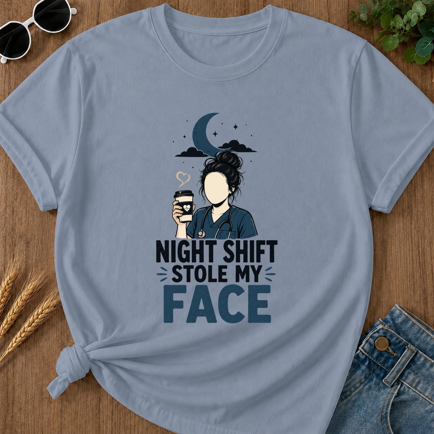 Night Shift Stole Face T-Shirt - Blue Jean
