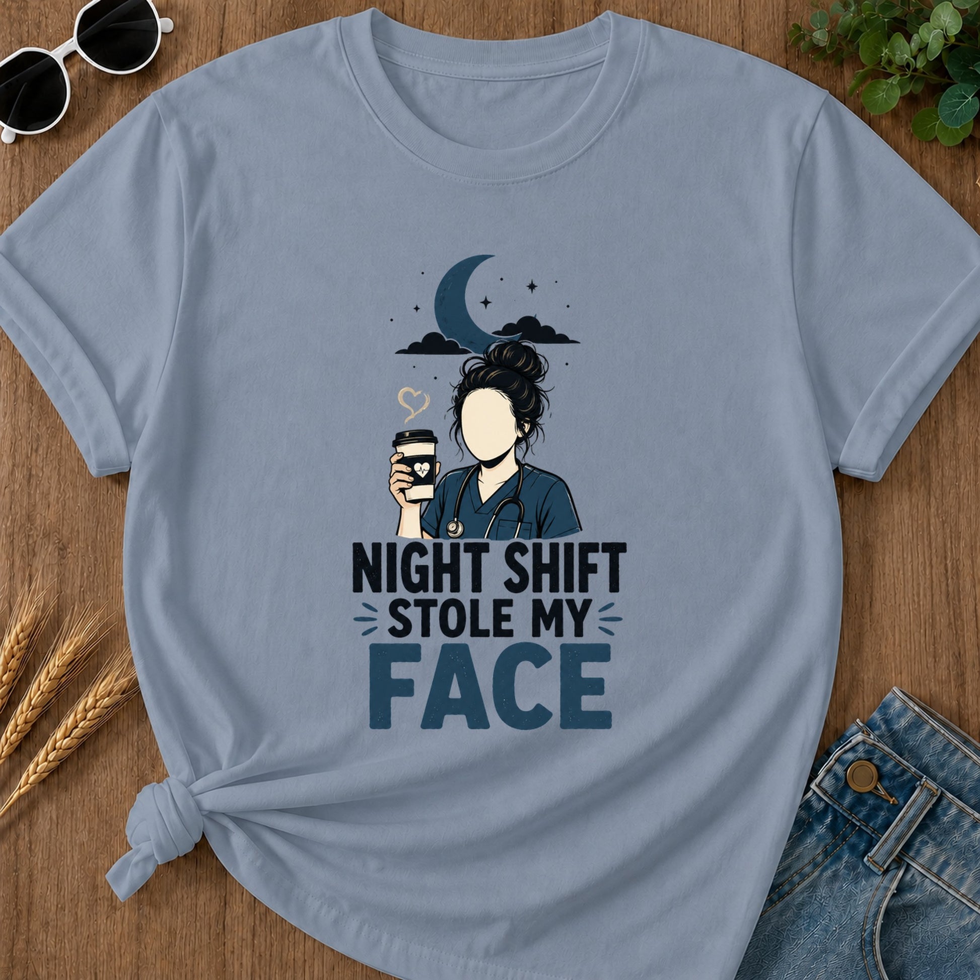 Night Shift Stole Face T-Shirt - Blue Jean