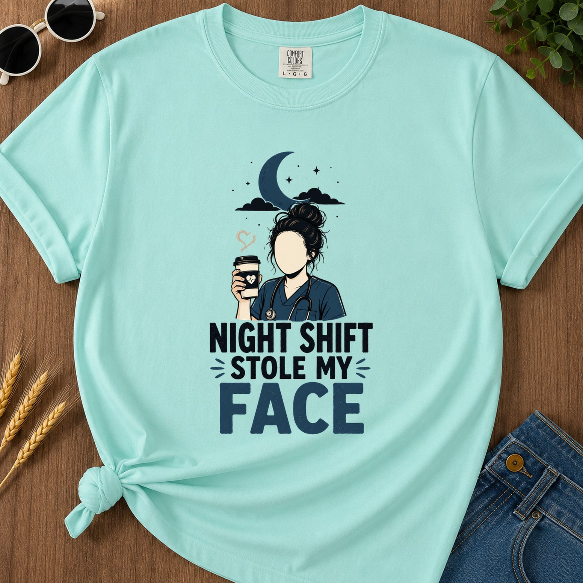 Night Shift Stole Face T-Shirt - Chalky Mint