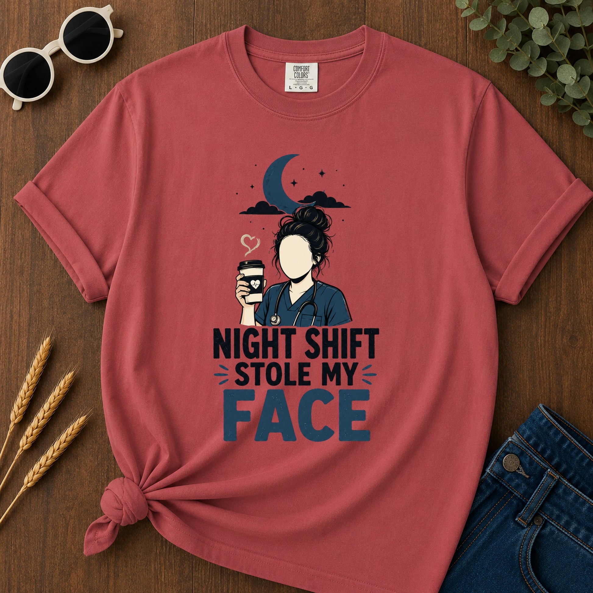 Night Shift Stole Face T-Shirt - Crimson