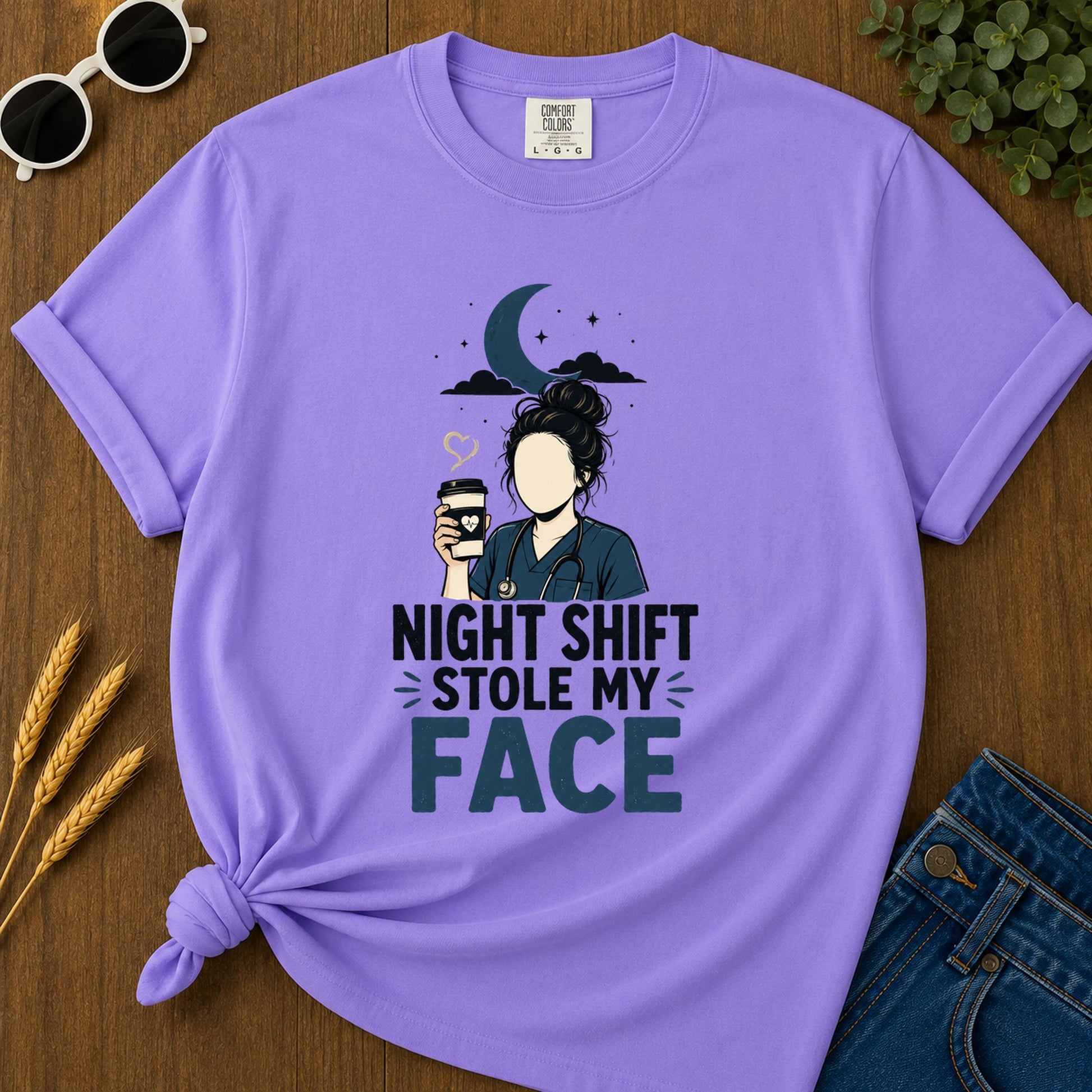Night Shift Stole Face T-Shirt - Violet