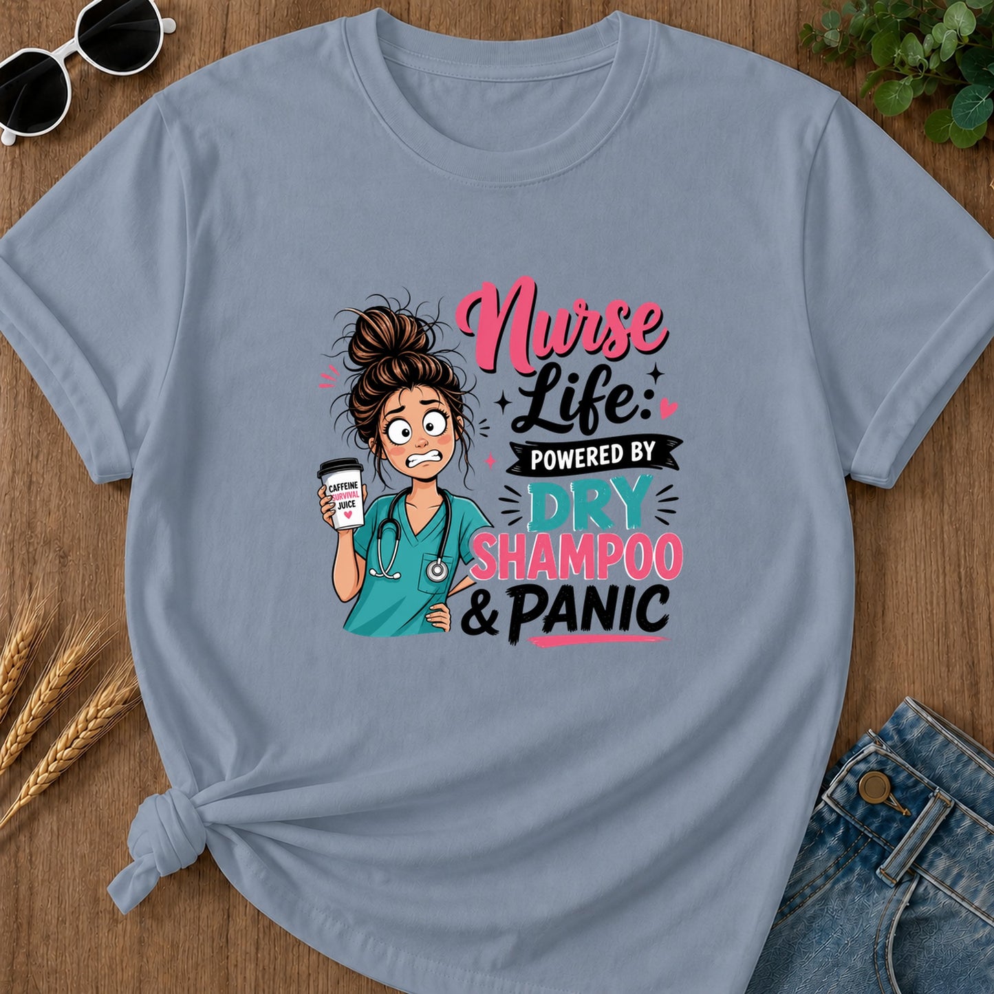 Nurse Life Powered By T-Shirt - Blue Jean