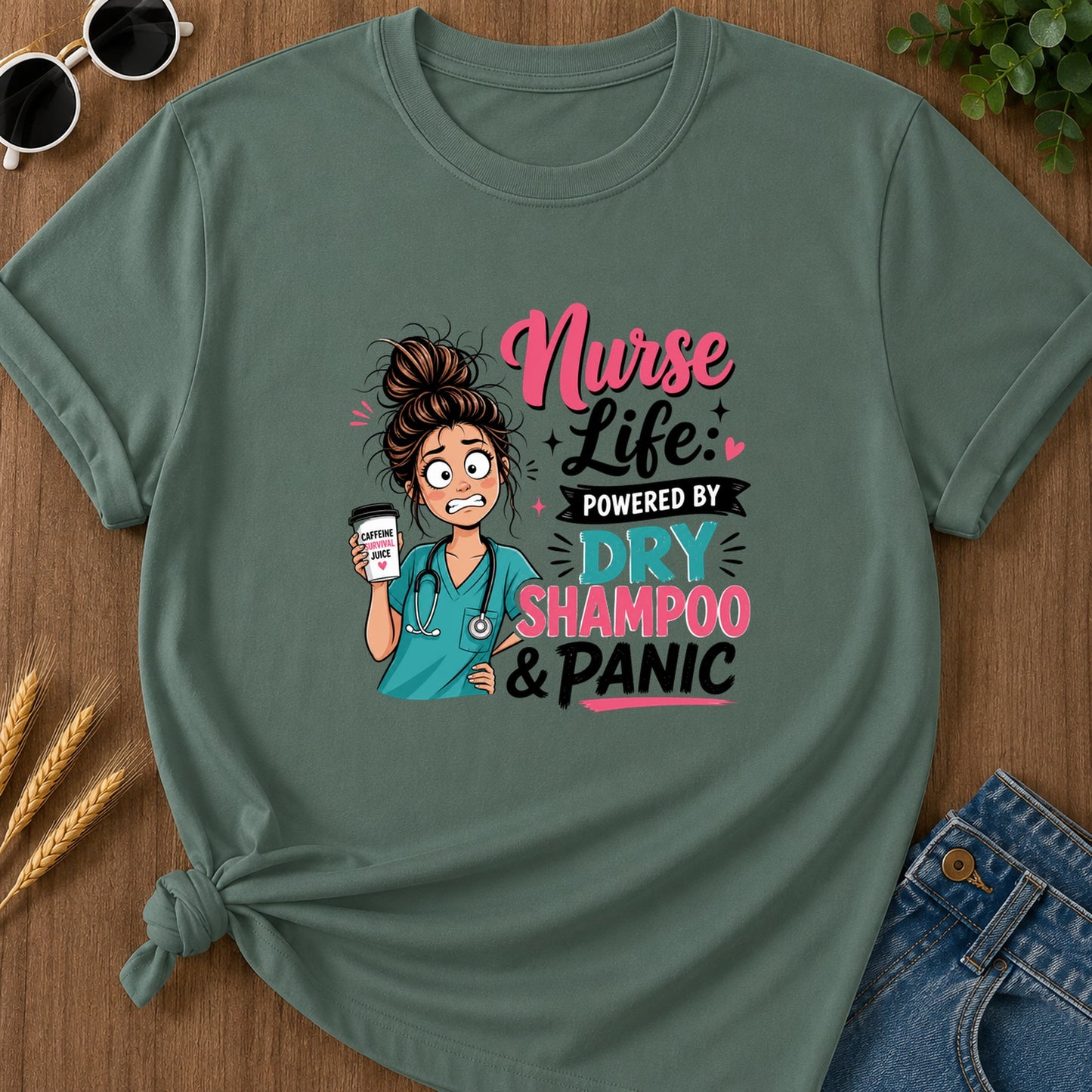 Nurse Life Powered By T-Shirt - Blue Spruce