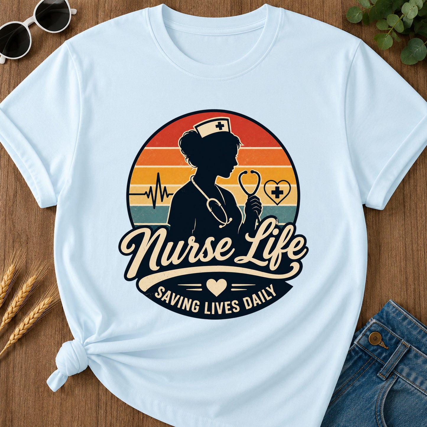 Nurse Life Saving Lives Daily T-Shirt - Chambray