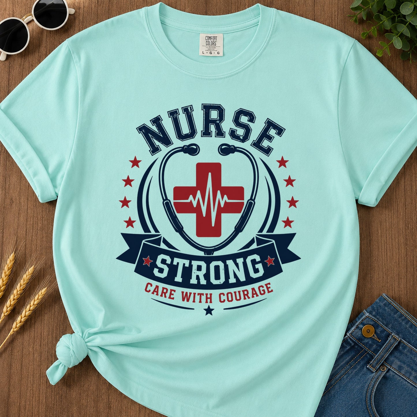 Nurse Strong Care With Courage T-Shirt - Chalky Mint
