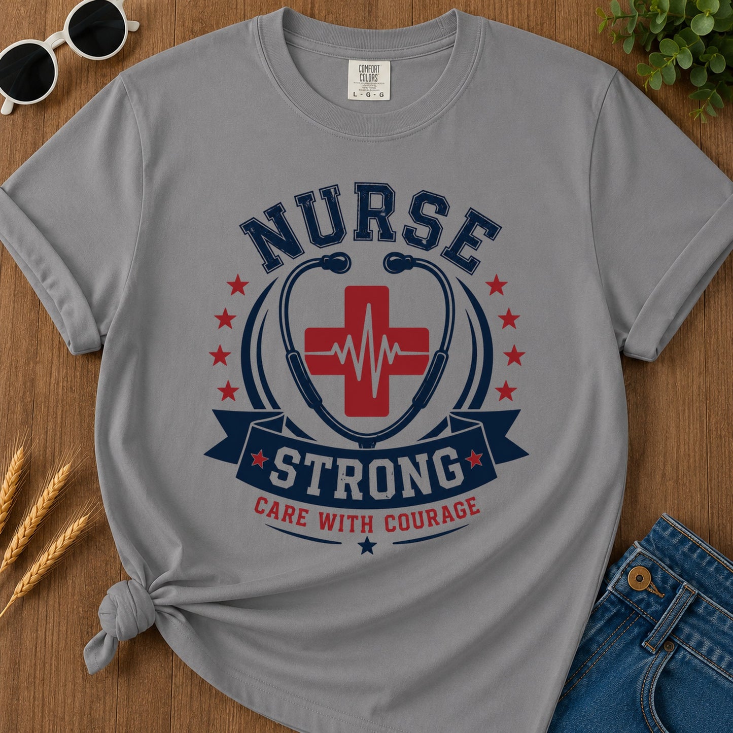 Nurse Strong Care With Courage T-Shirt - Grey