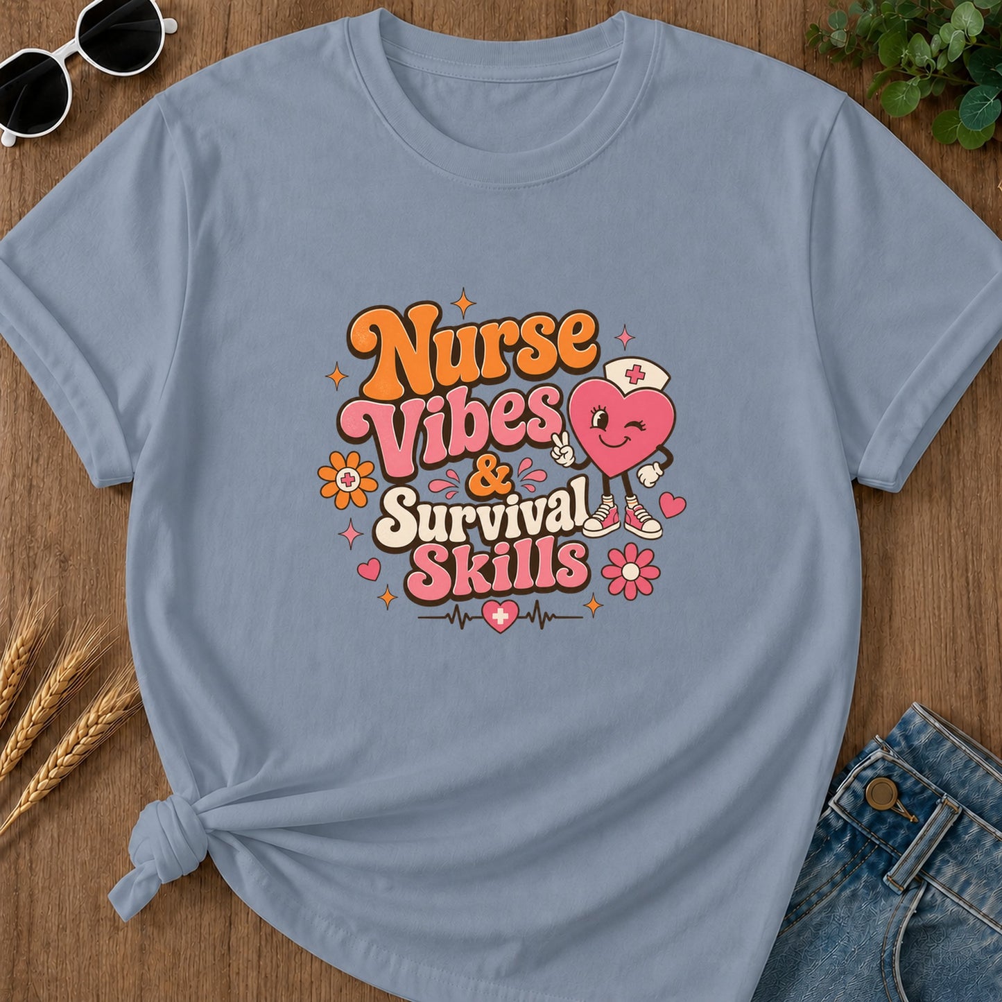 Nurse Vibes & Survival Skills T-Shirt - Blue Jean