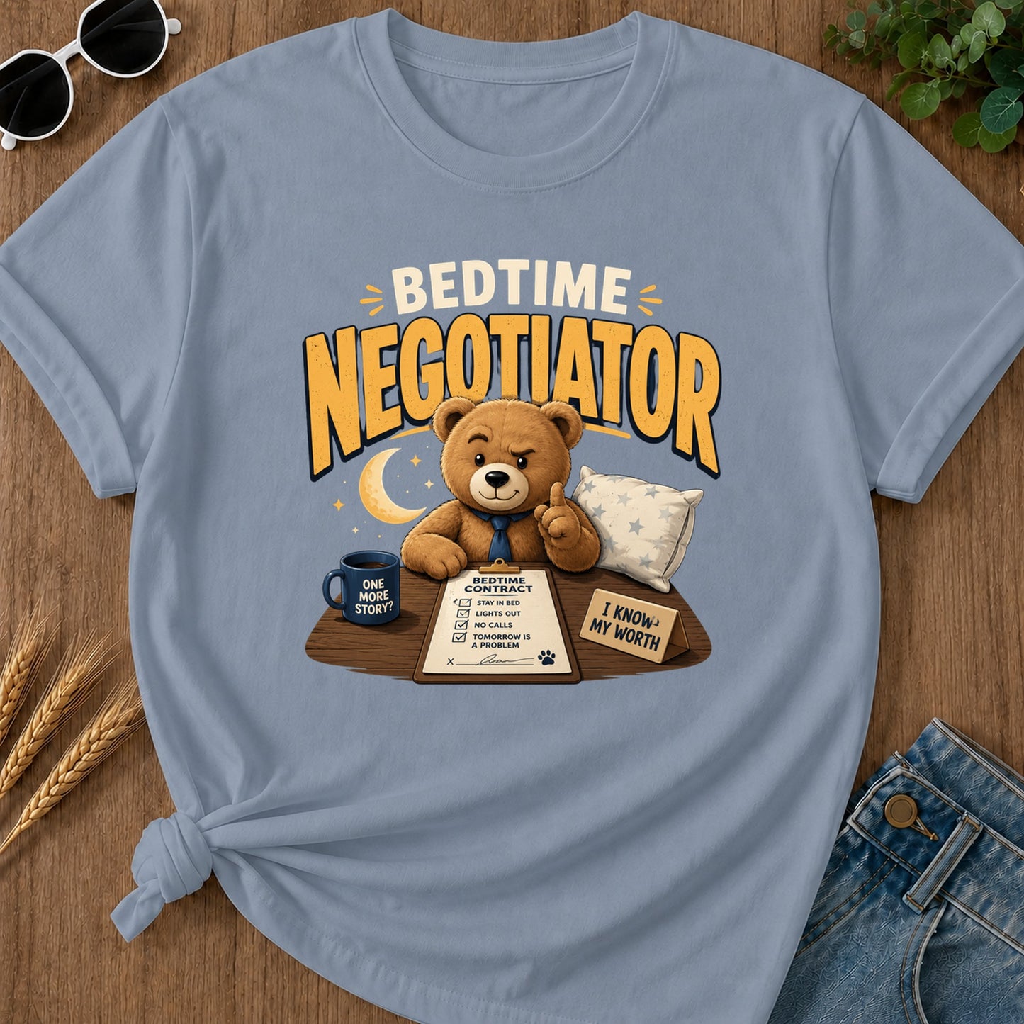 One Bedtime Contract More Stay Inbed I Know Story Lightsout T-Shirt - Blue Jean