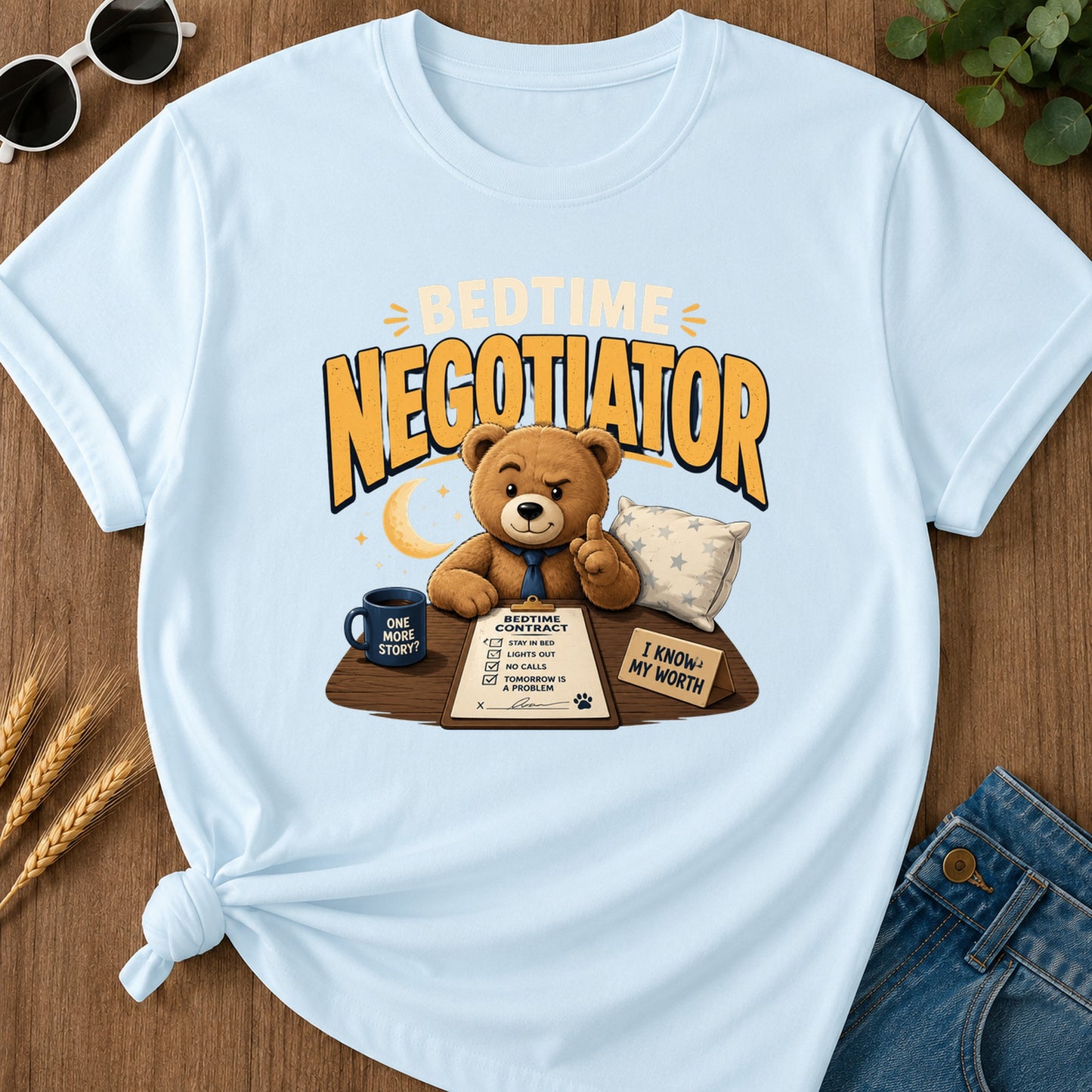 One Bedtime Contract More Stay Inbed I Know Story Lightsout T-Shirt - Chambray