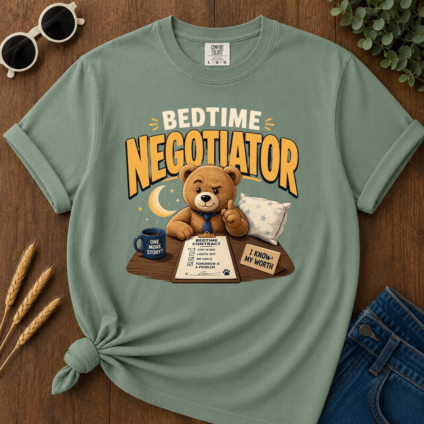 One Bedtime Contract More Stay Inbed I Know Story Lightsout T-Shirt - Light Green
