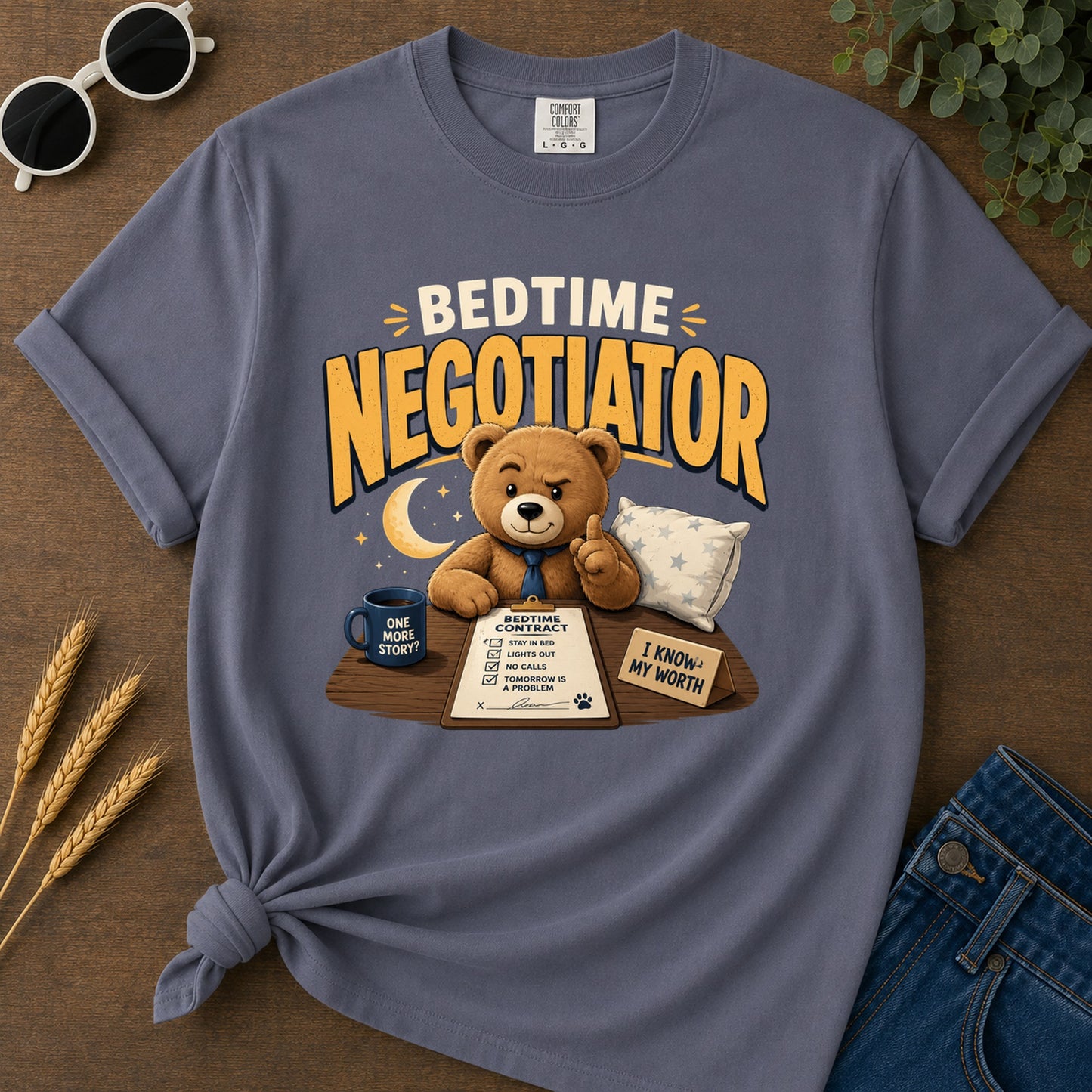 One Bedtime Contract More Stay Inbed I Know Story Lightsout T-Shirt - Navy