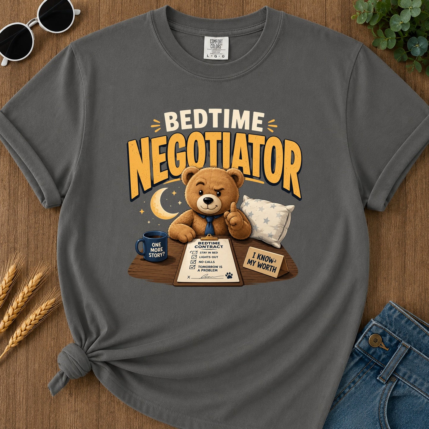 One Bedtime Contract More Stay Inbed I Know Story Lightsout T-Shirt - Pepper