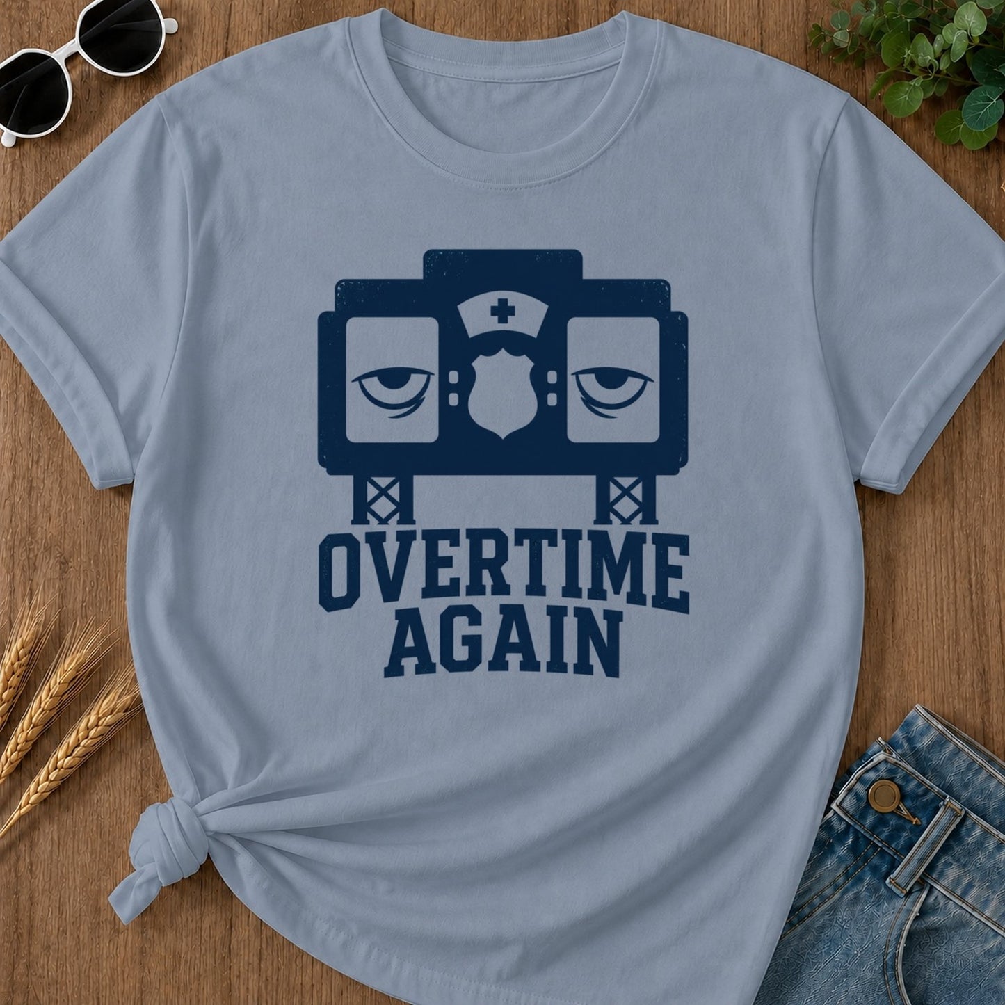 Overtime Again T-shirt - Blue Jean Mockup