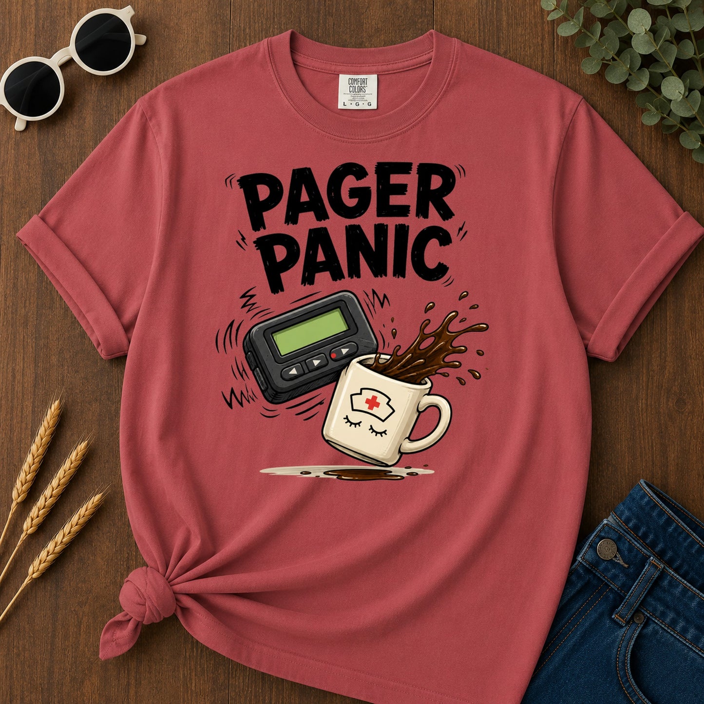 Pager Panic Spill T-Shirt - Crimson