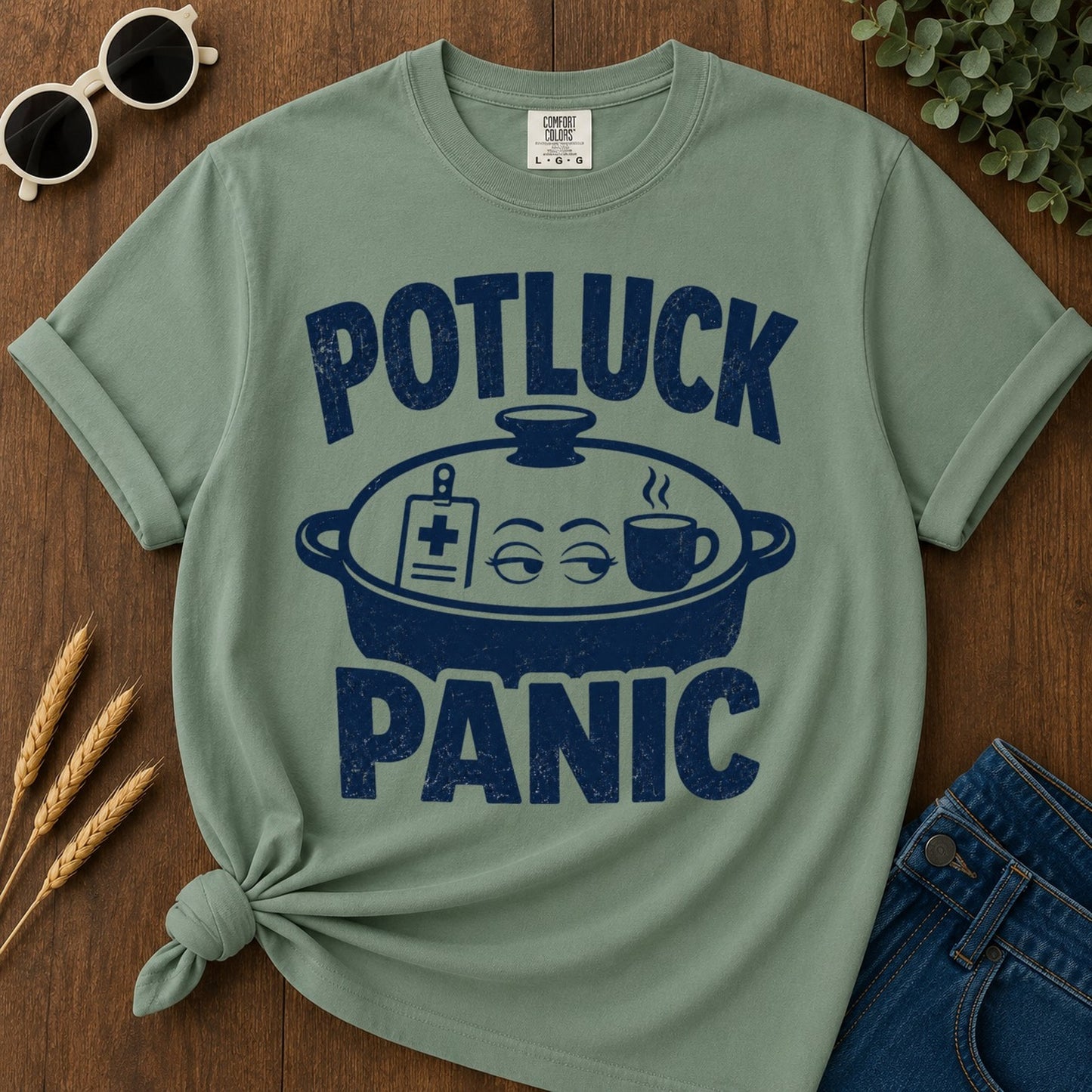 Potluck Panic T-shirt - Light Green Mockup