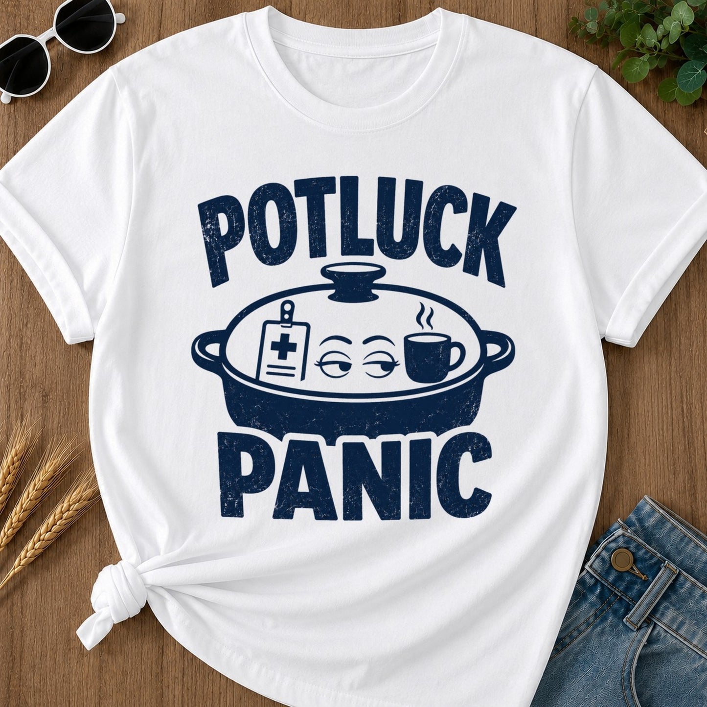 Potluck Panic T-shirt - White Mockup