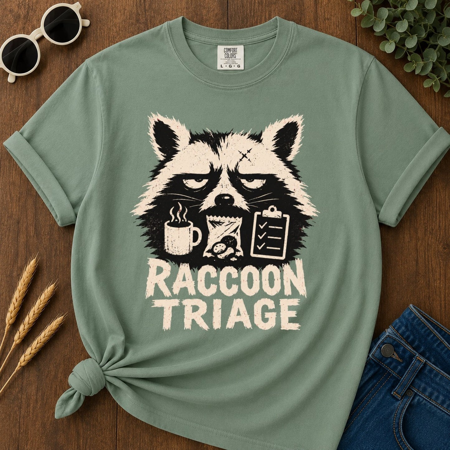 Raccoon Triage T-shirt - Light Green Mockup
