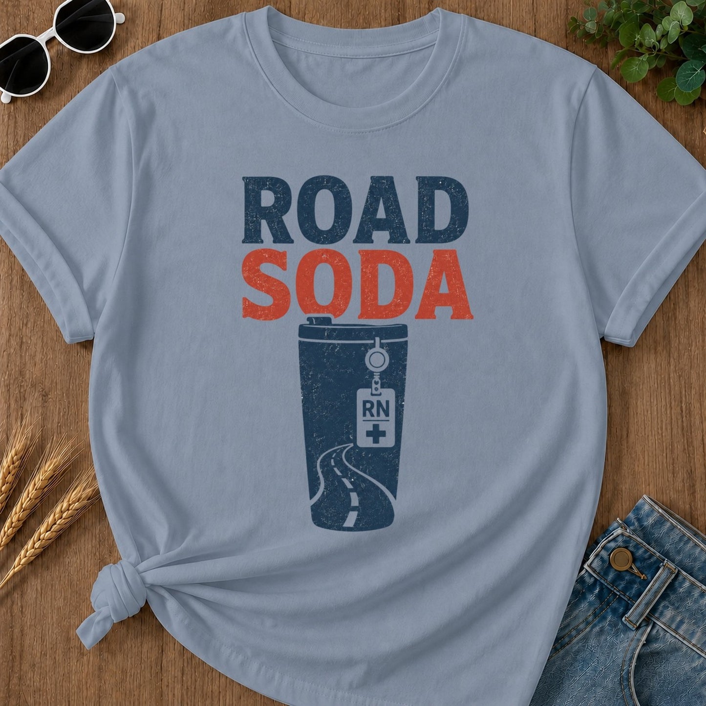 Road Soda T-shirt - Blue Jean Mockup