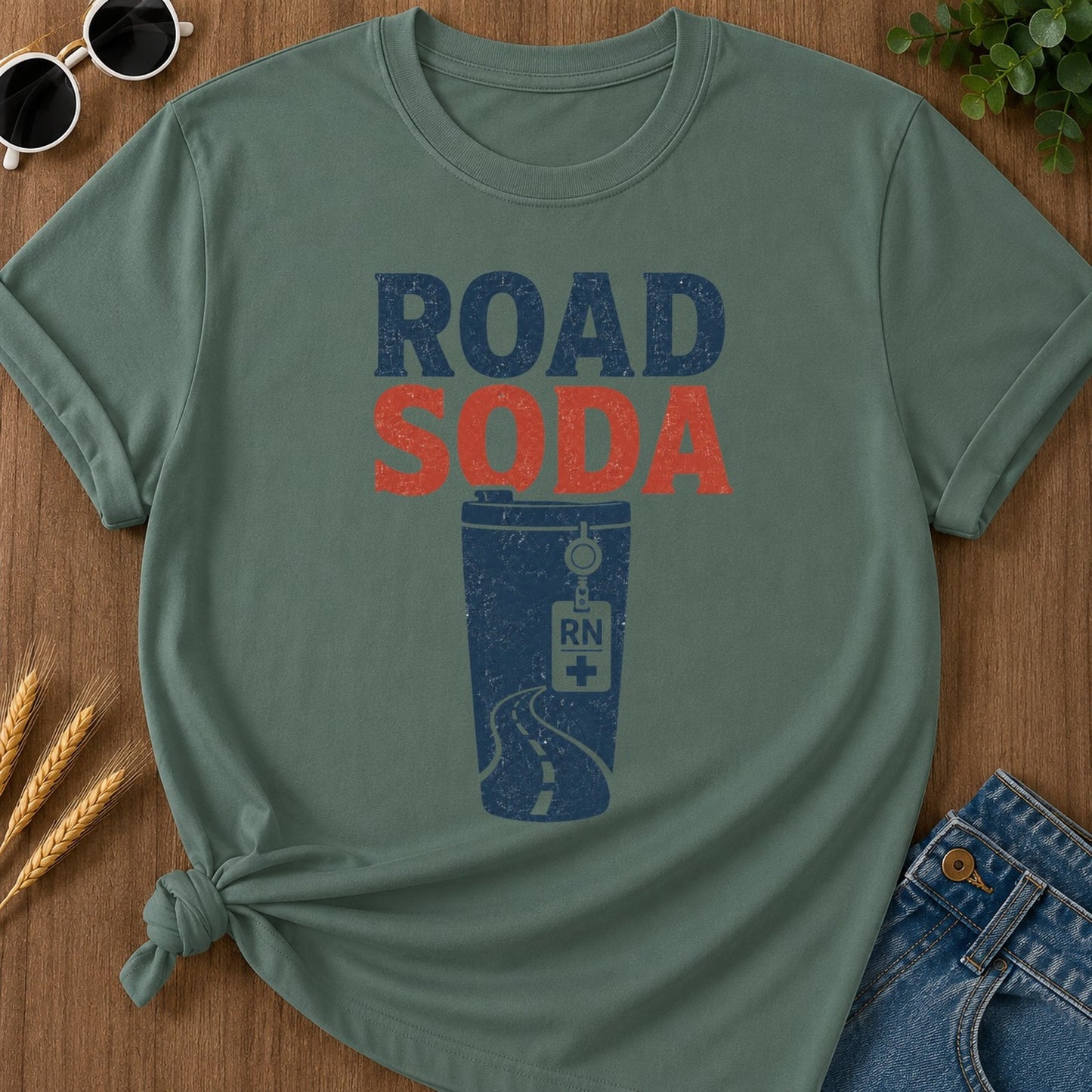 Road Soda T-shirt - Blue Spruce Mockup