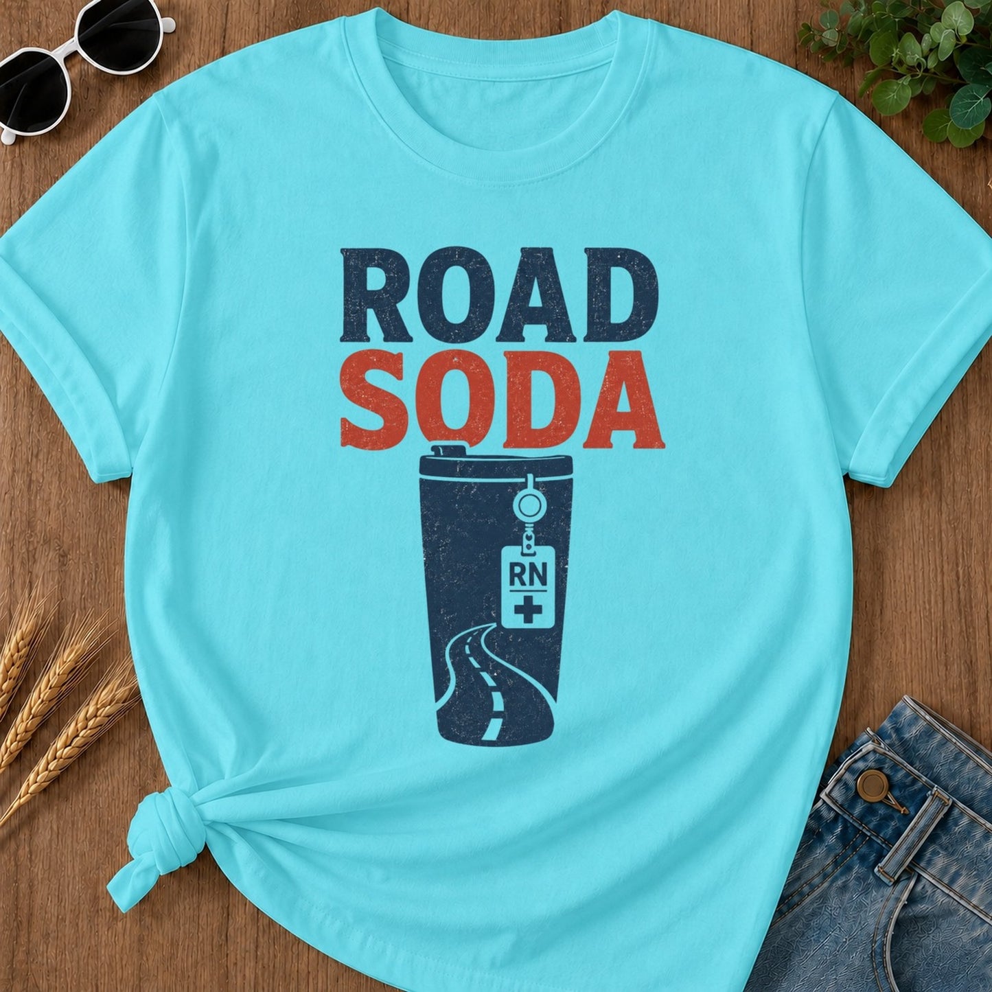 Road Soda T-shirt - Lagoon Blue Mockup