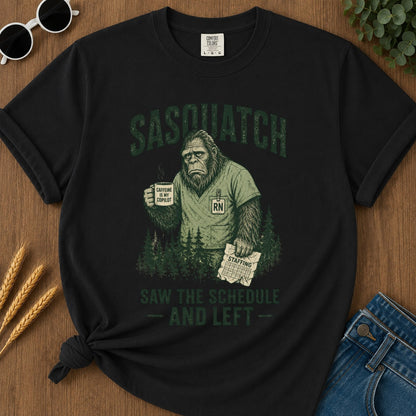 Sasquatch Schedule Left T-shirt - Black Mockup