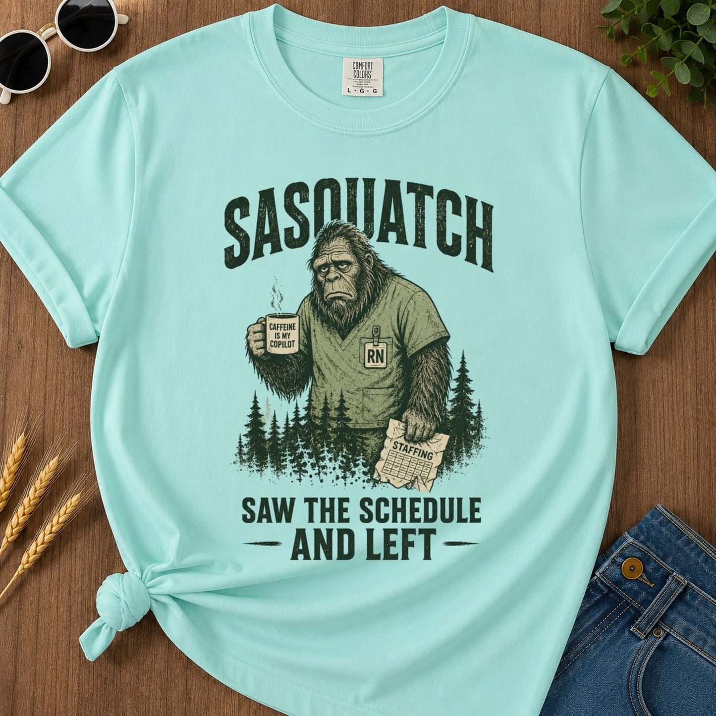 Sasquatch Schedule Left T-shirt - Chalky Mint Mockup