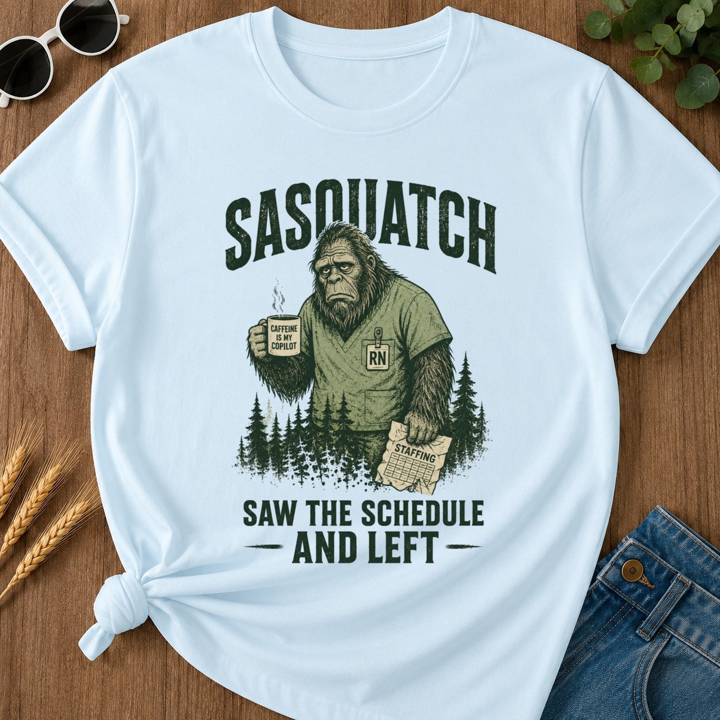 Sasquatch Schedule Left T-shirt - Chambray Mockup