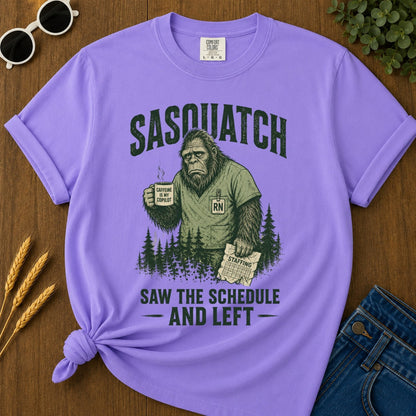 Sasquatch Schedule Left T-shirt - Violet Mockup