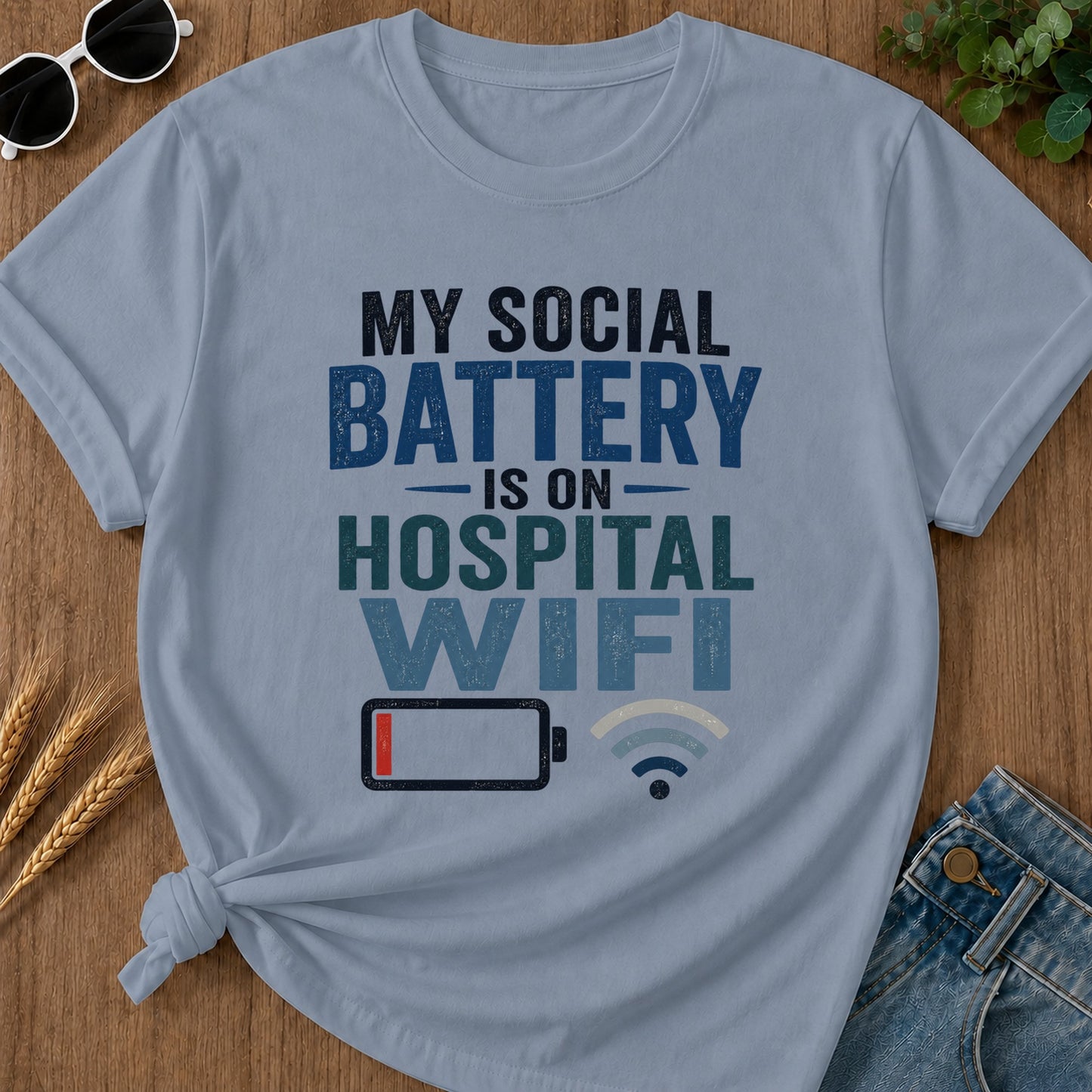 Social Battery Hospital Wifi T-Shirt - Blue Jean