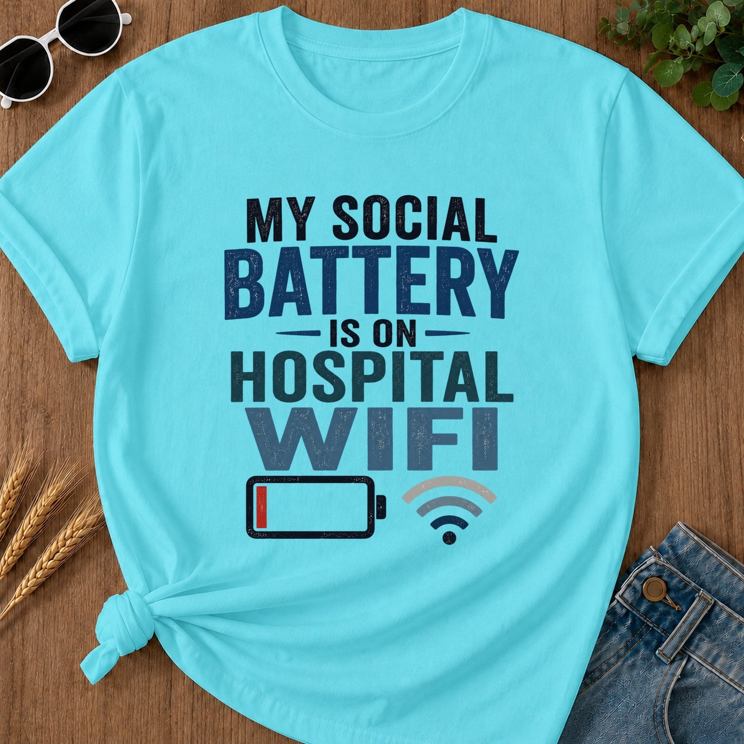 Social Battery Hospital Wifi T-Shirt - Lagoon Blue