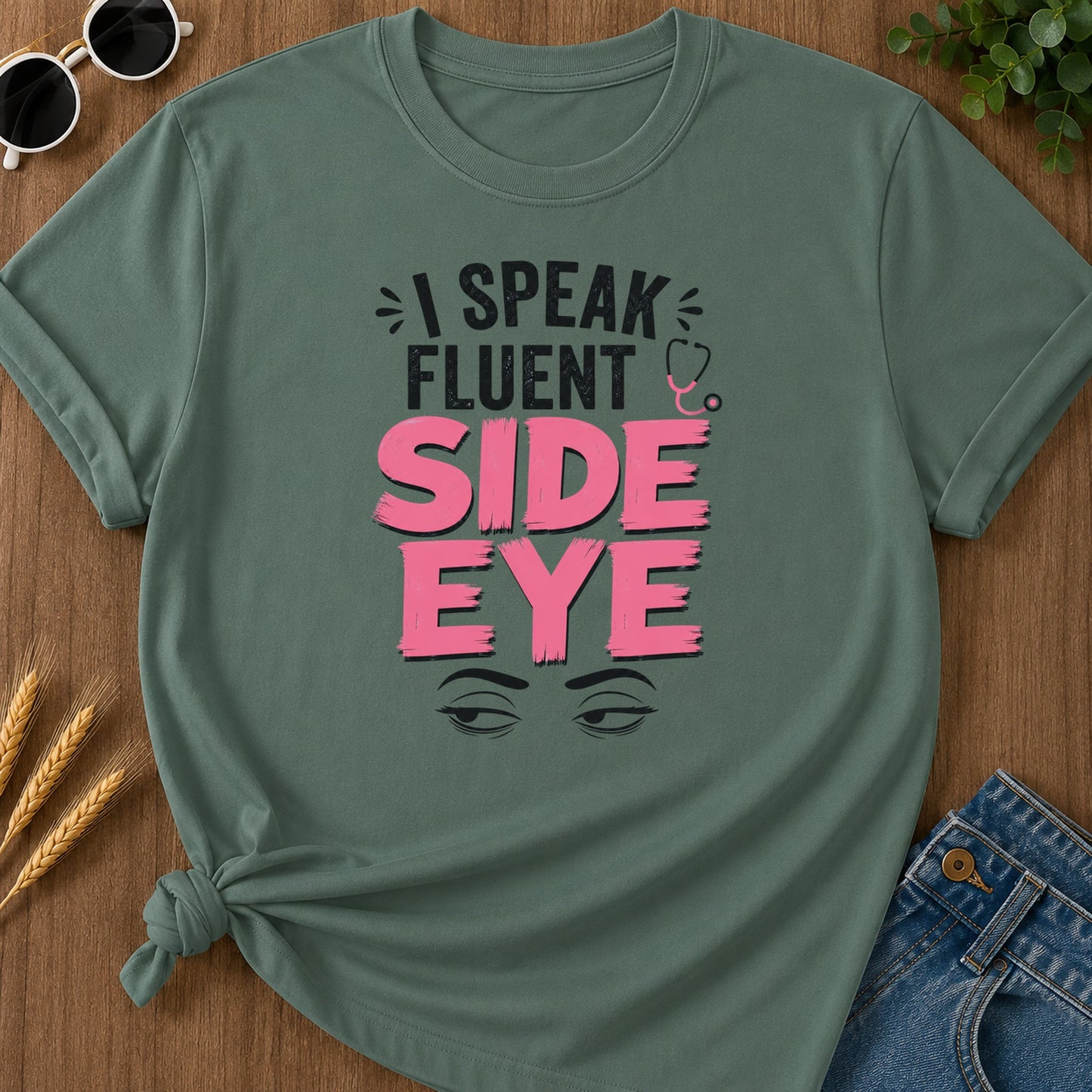 Speak Fluent Side Eye T-Shirt - Blue Spruce